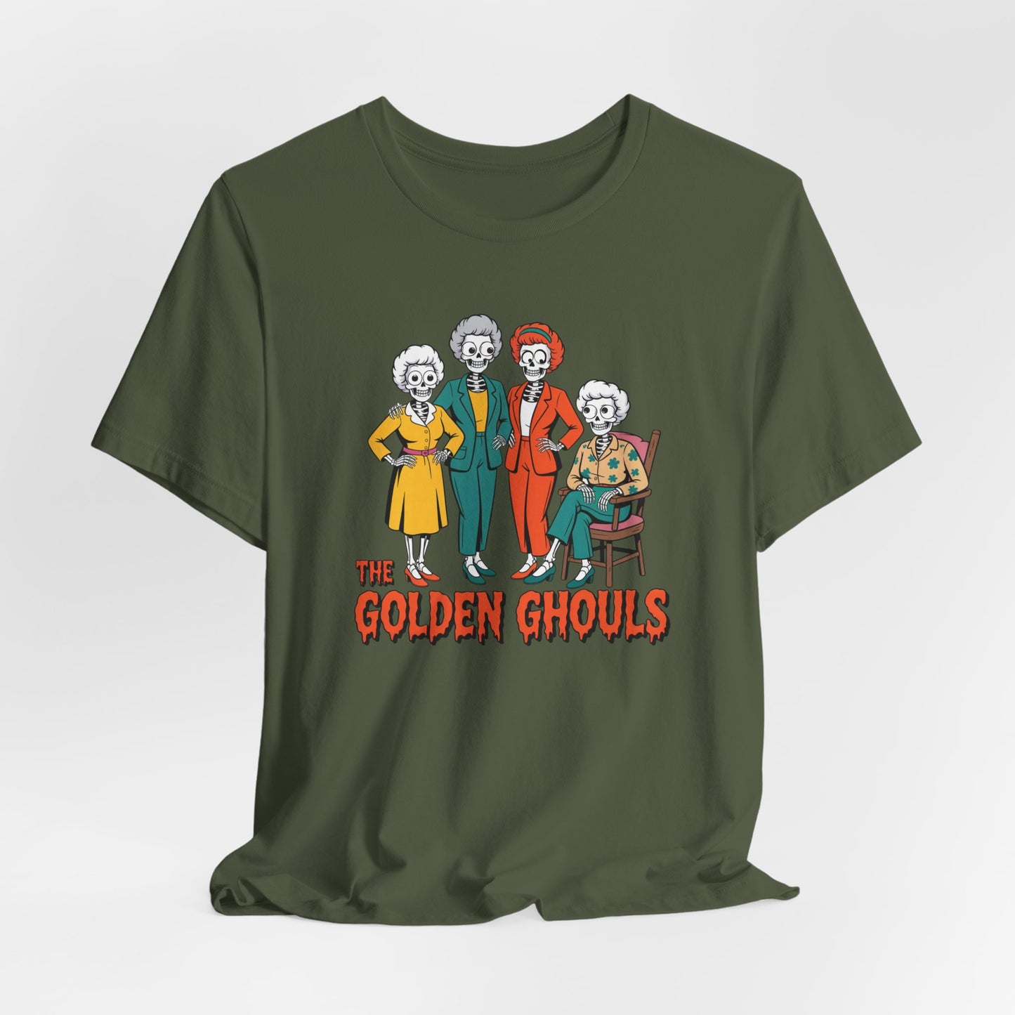 Green t-shirt with 'The Golden Ghouls' graphic design on a white background   Golden Girls, 80s TV, Halloween Tees