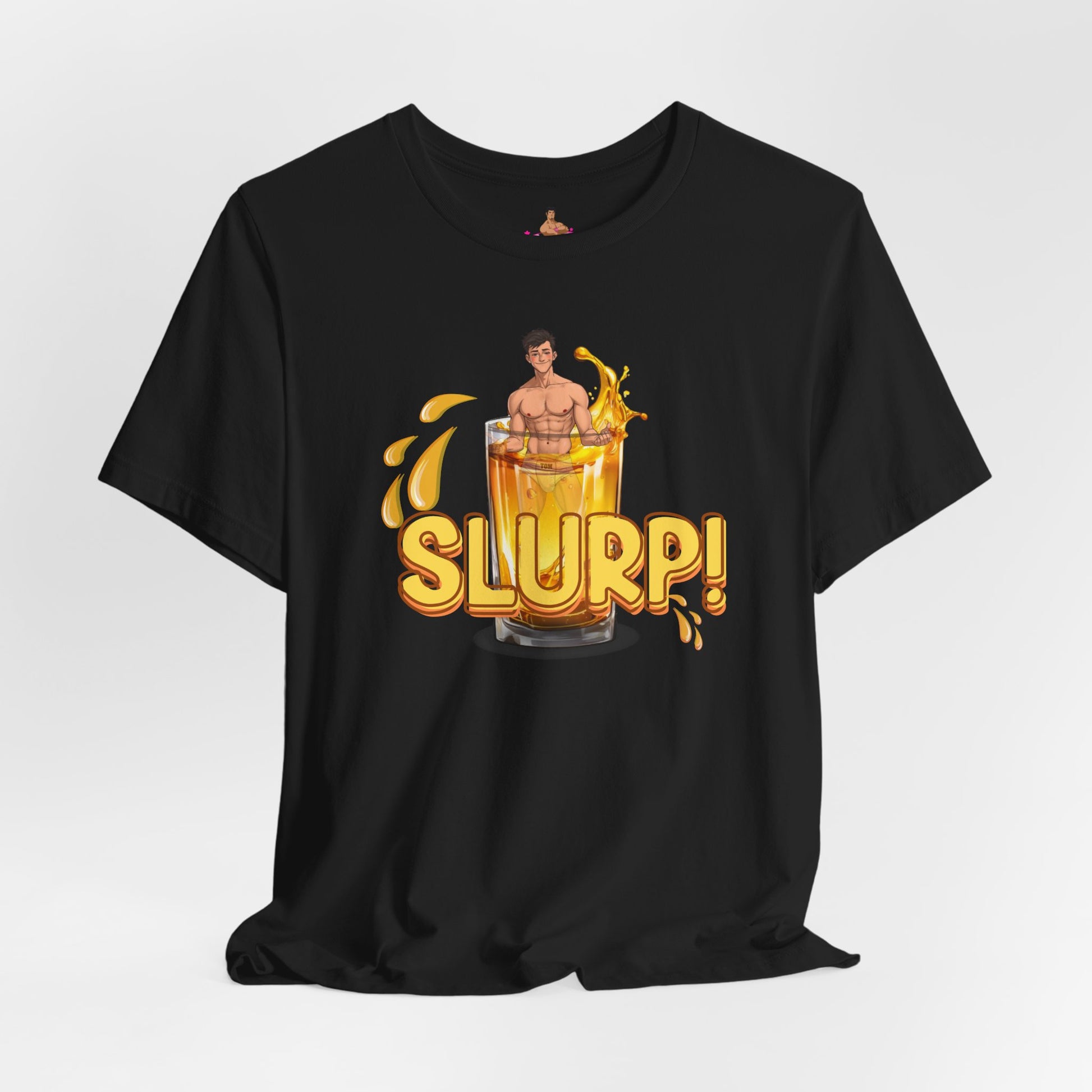 Black t-shirt with a graphic design of a person inside  a glass of yellow liquid with 'SLURP!' text on a. Watersports, piss play, Kink, LGBTQIA+