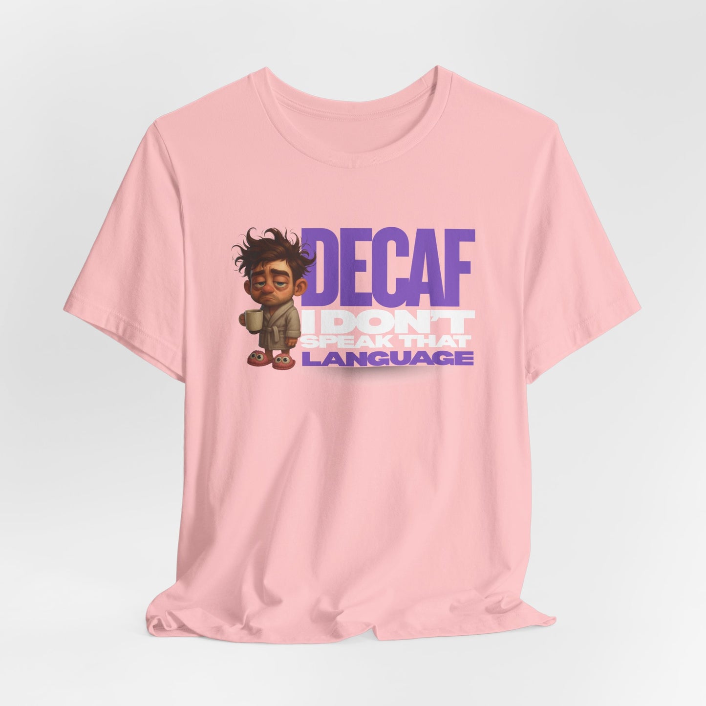 Pink t-shirt with a graphic and text on a light gray background
