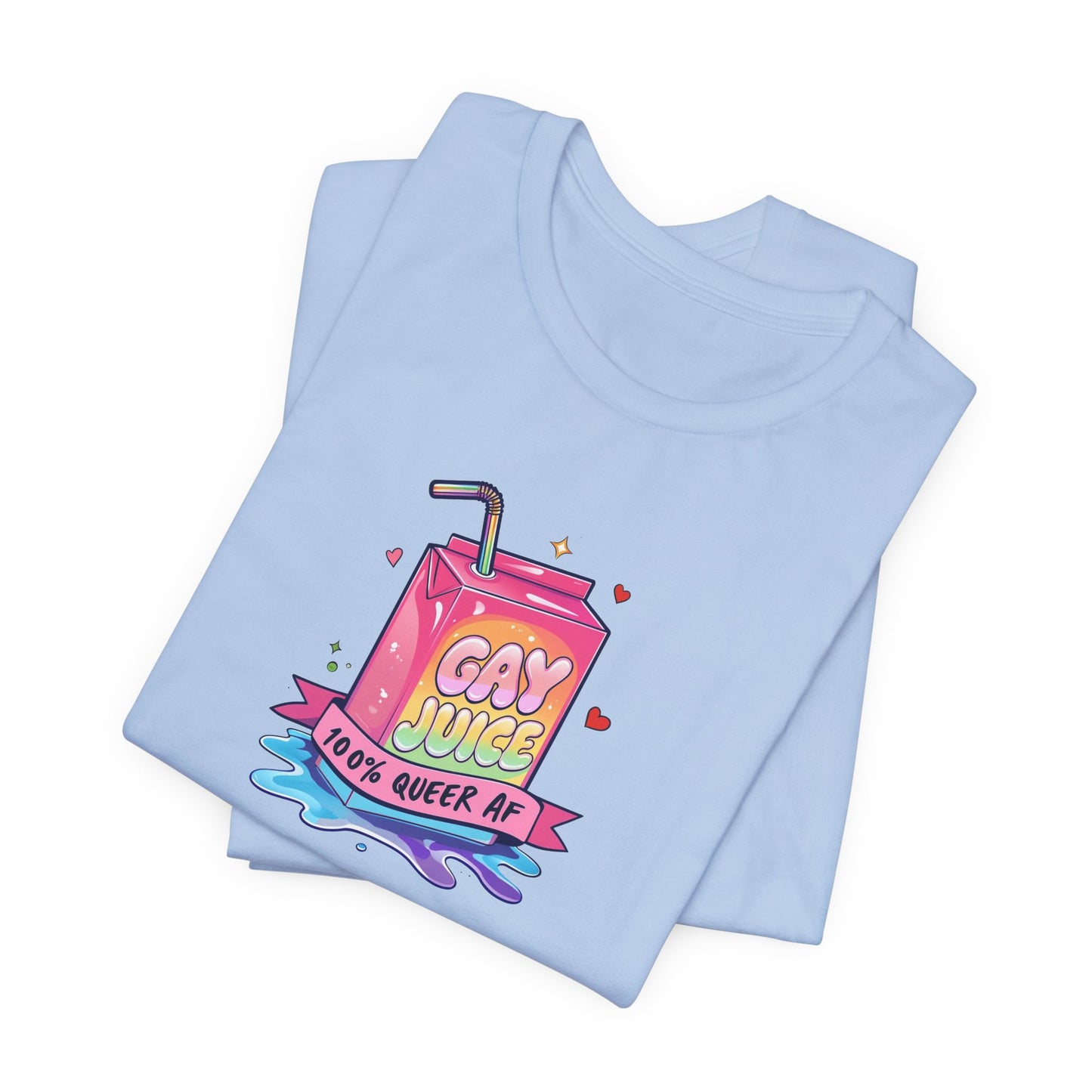 Light blue tank top with 'Gay Juice' graphic design on a white background