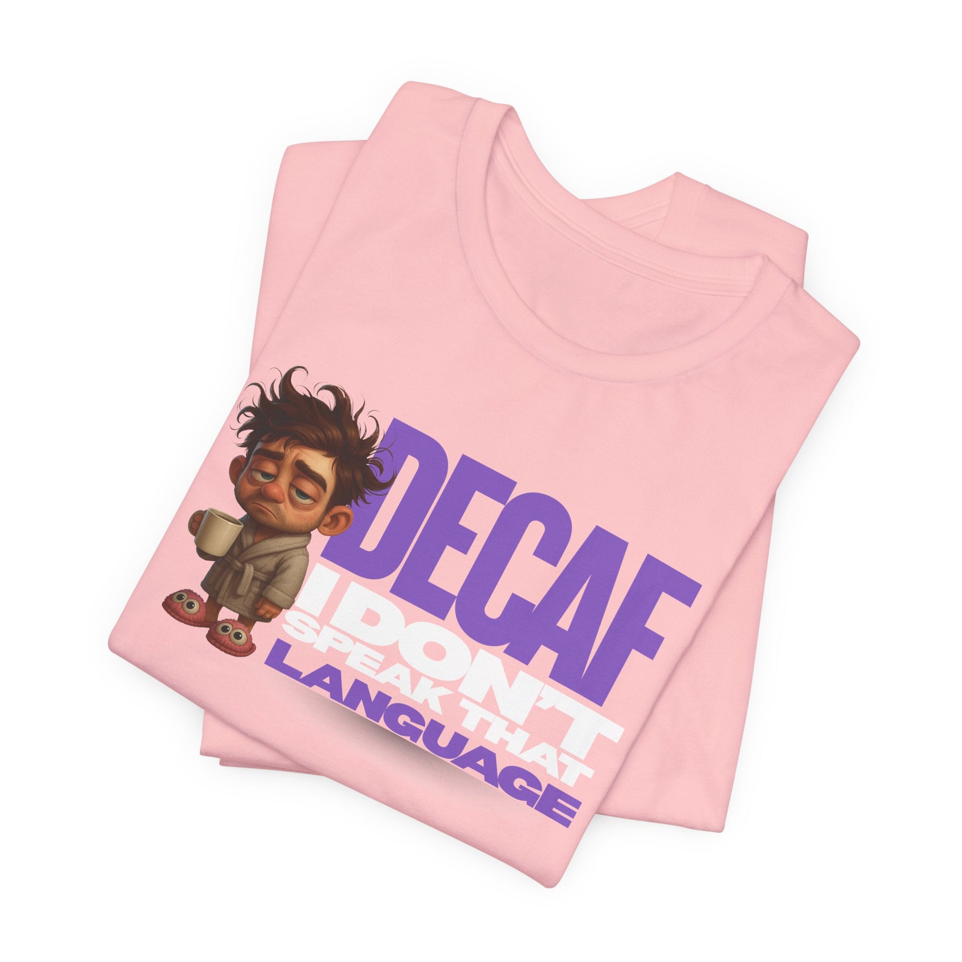 Pink t-shirt with cartoon character and text on a white background