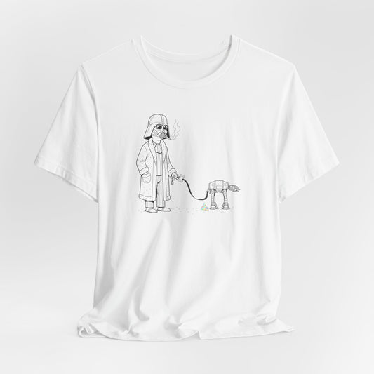 White t-shirt with a black line drawing of a character walking a robot on a leash. Star Wars, Darth Vader, Funny Tee