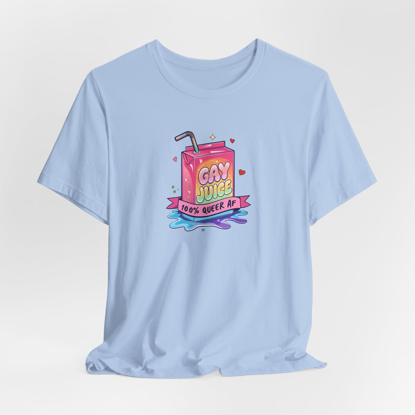 Light blue t-shirt with a colorful graphic design on a light gray background