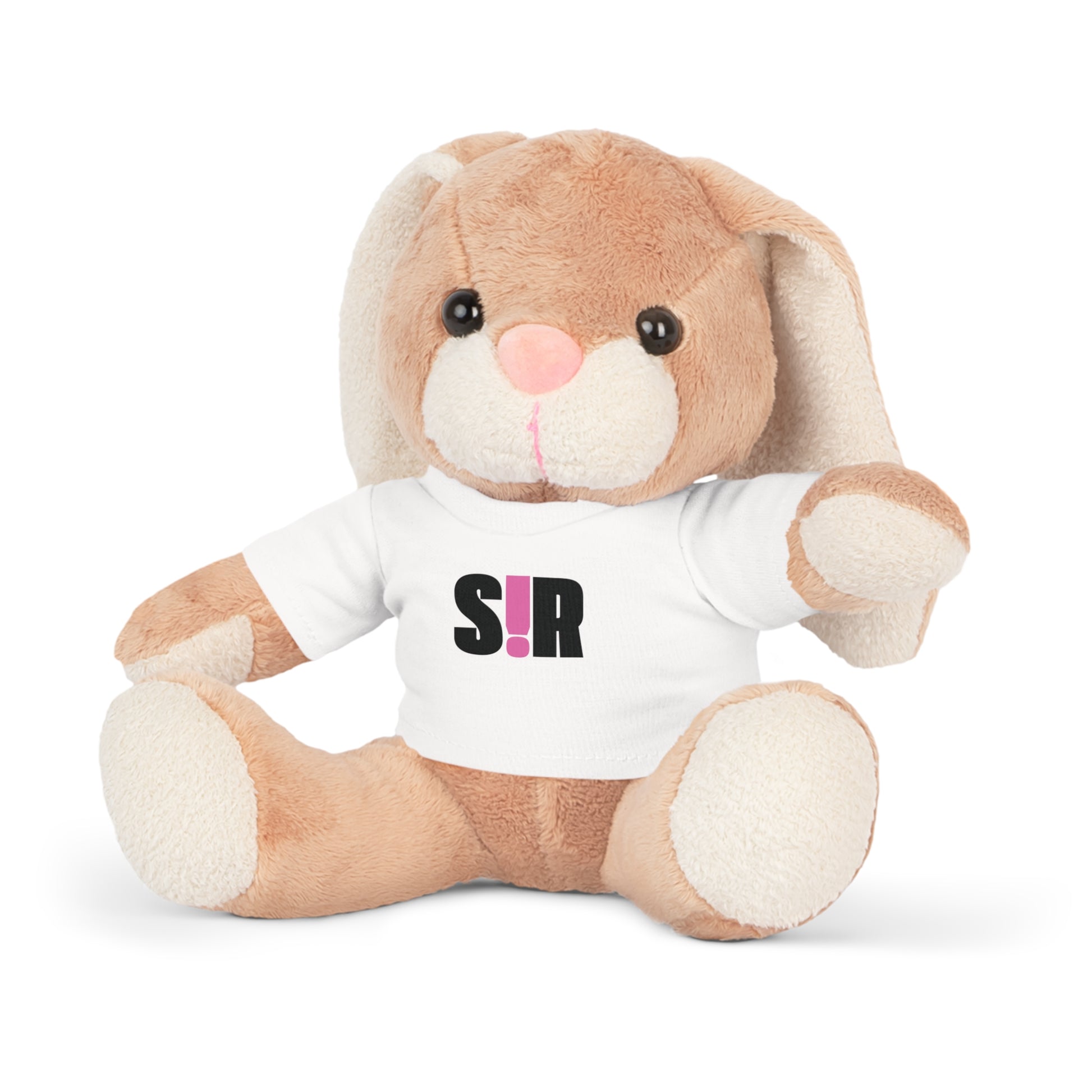 Plush bunny wearing a white shirt with 'SIR' printed on it against a white background