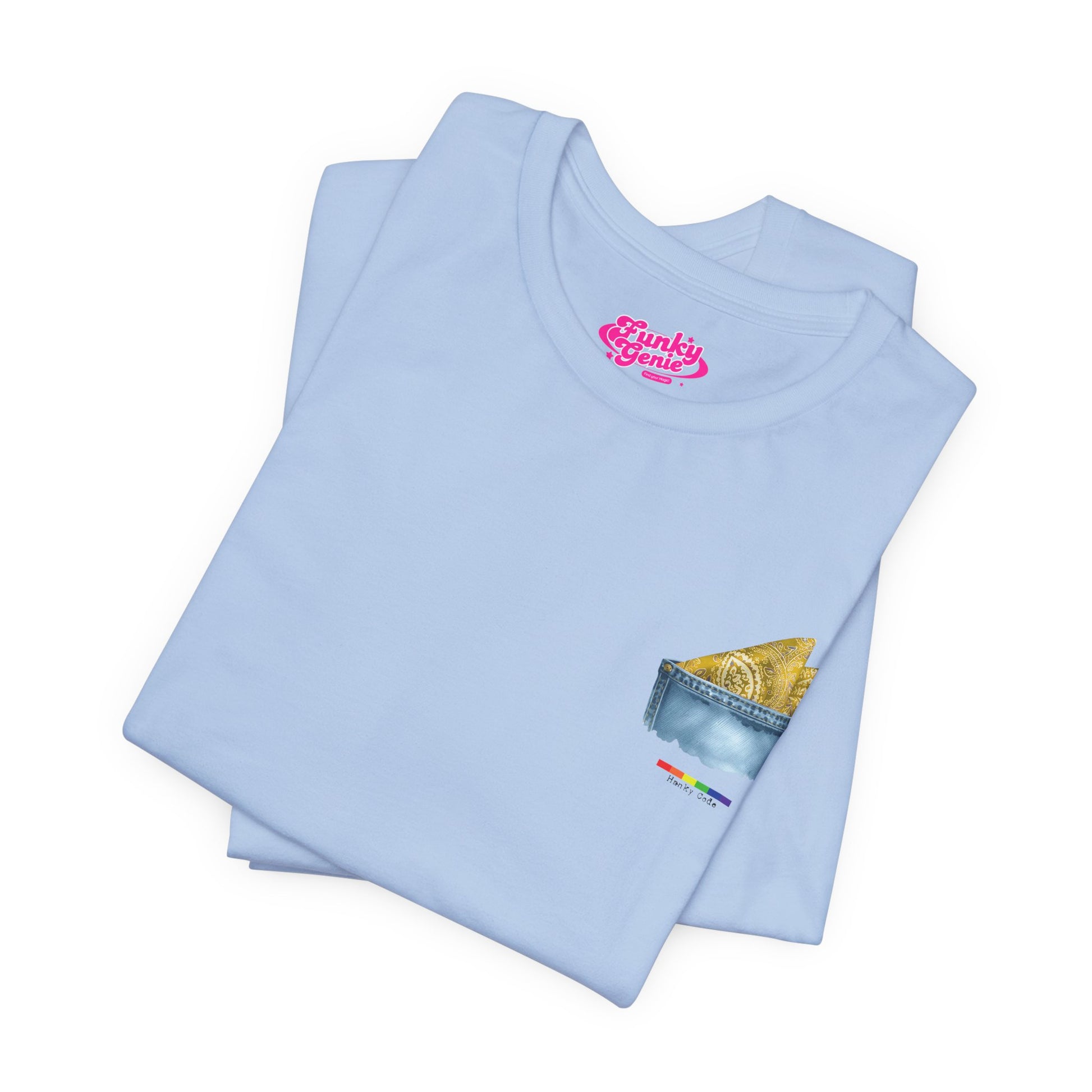 Baby Blue t-shirt with a small graphic of a pocket with a paisley print hanky tucked inside. it features the LGBT rainbow colours and the words Hanky Code