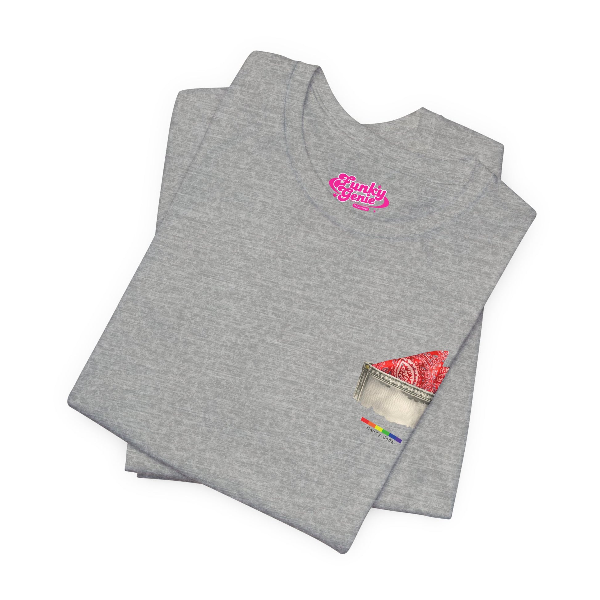 Grey t-shirt with a small graphic of a pocket with a paisley print hanky tucked inside. it features the LGBT rainbow colours and the words Hanky Code