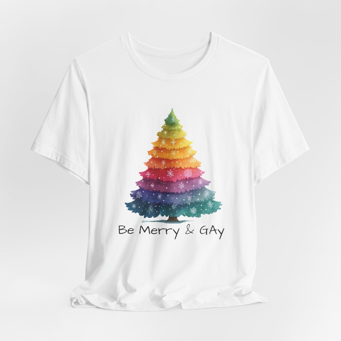 Festive LGBTQ+ Short Sleeve Tee, Be Merry & Gay T-Shirt, Pride Apparel, Christmas Gift, Holiday Top, Unisex Graphic Tee.