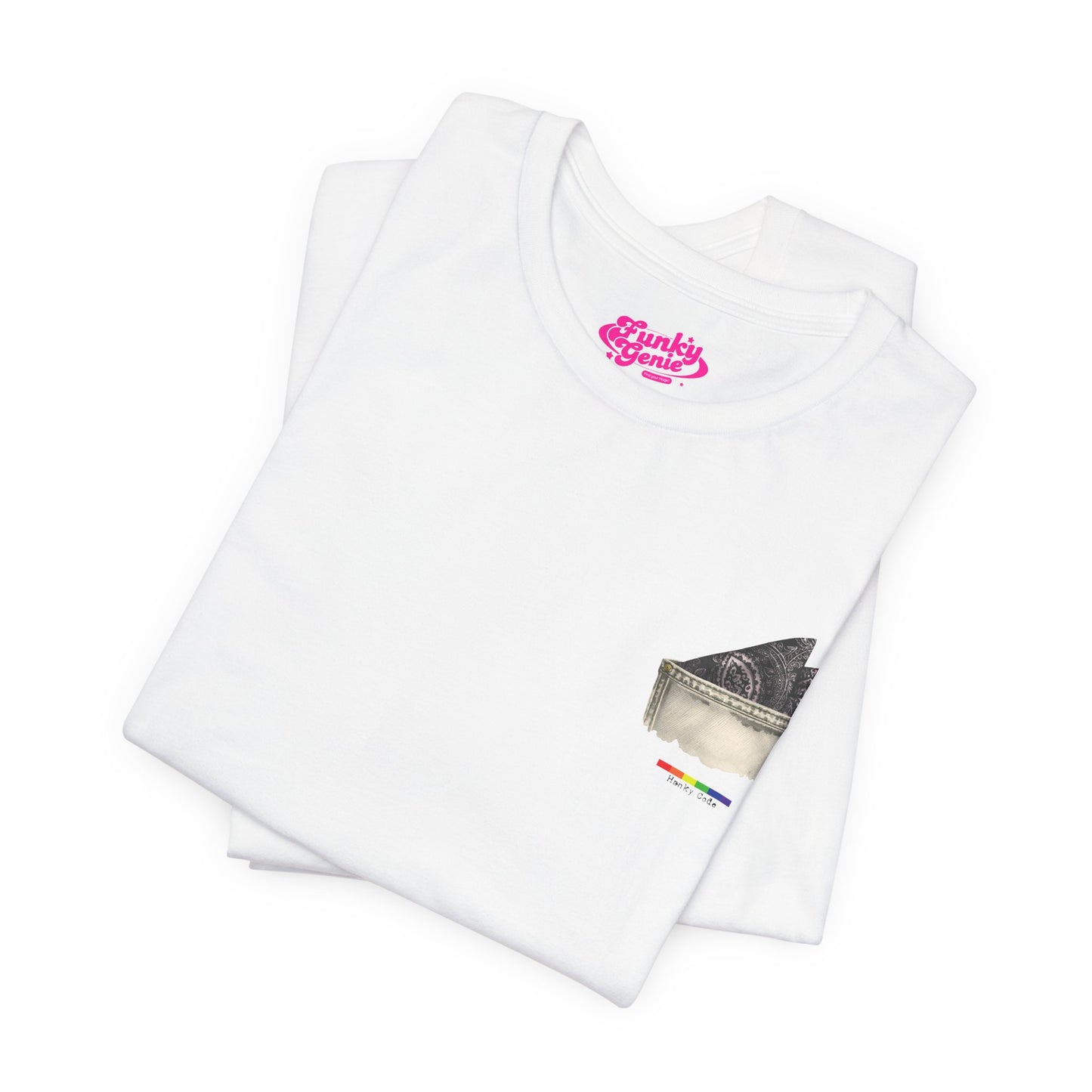 White t-shirt with a small graphic of a pocket with a paisley print hanky tucked inside. it features the LGBT rainbow colours and the words Hanky Code