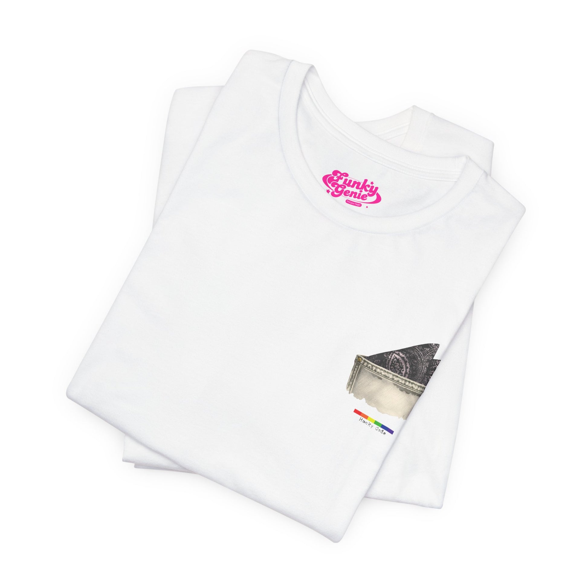 White t-shirt with a small graphic of a pocket with a paisley print hanky tucked inside. it features the LGBT rainbow colours and the words Hanky Code