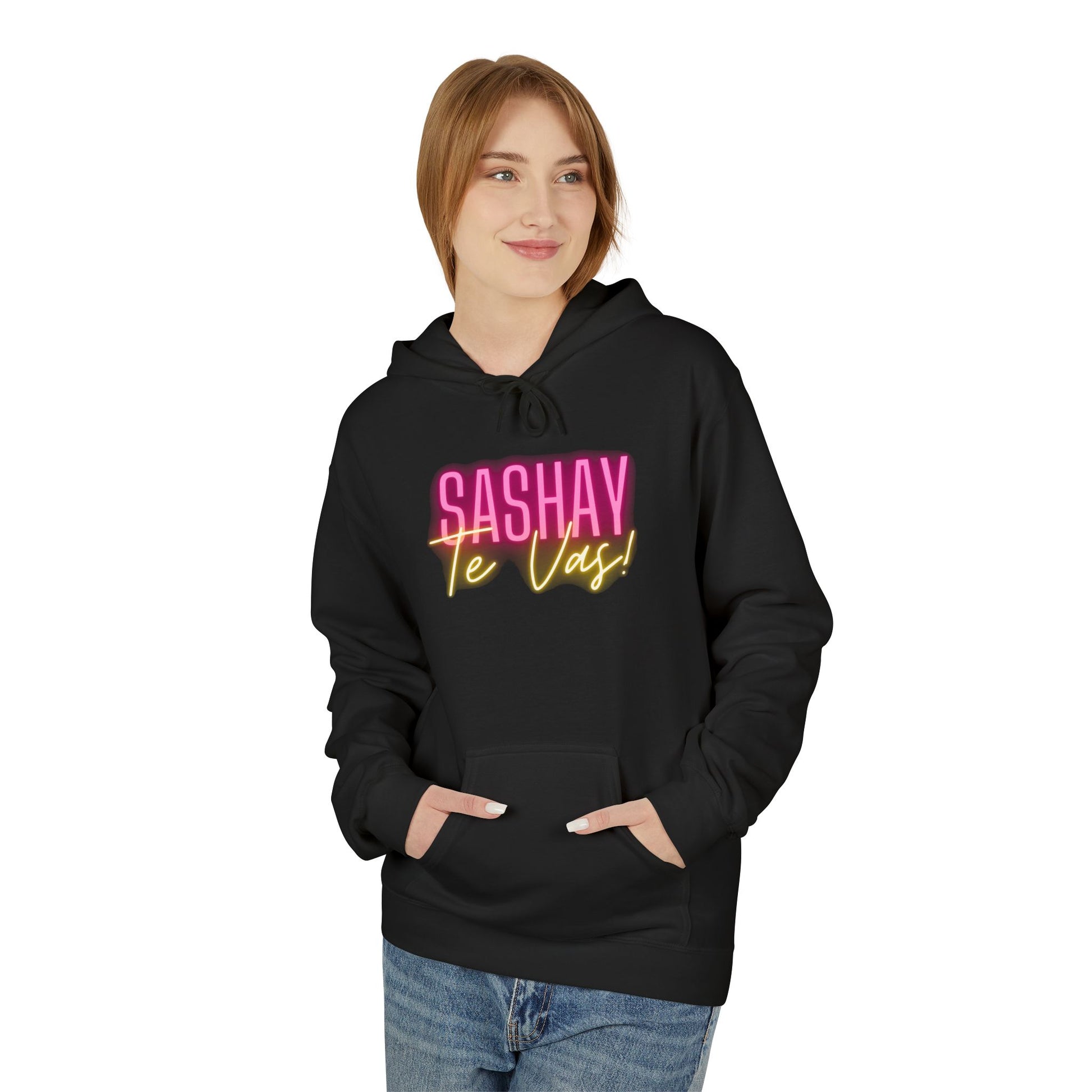 Person wearing a black hoodie with colorful text on a white background