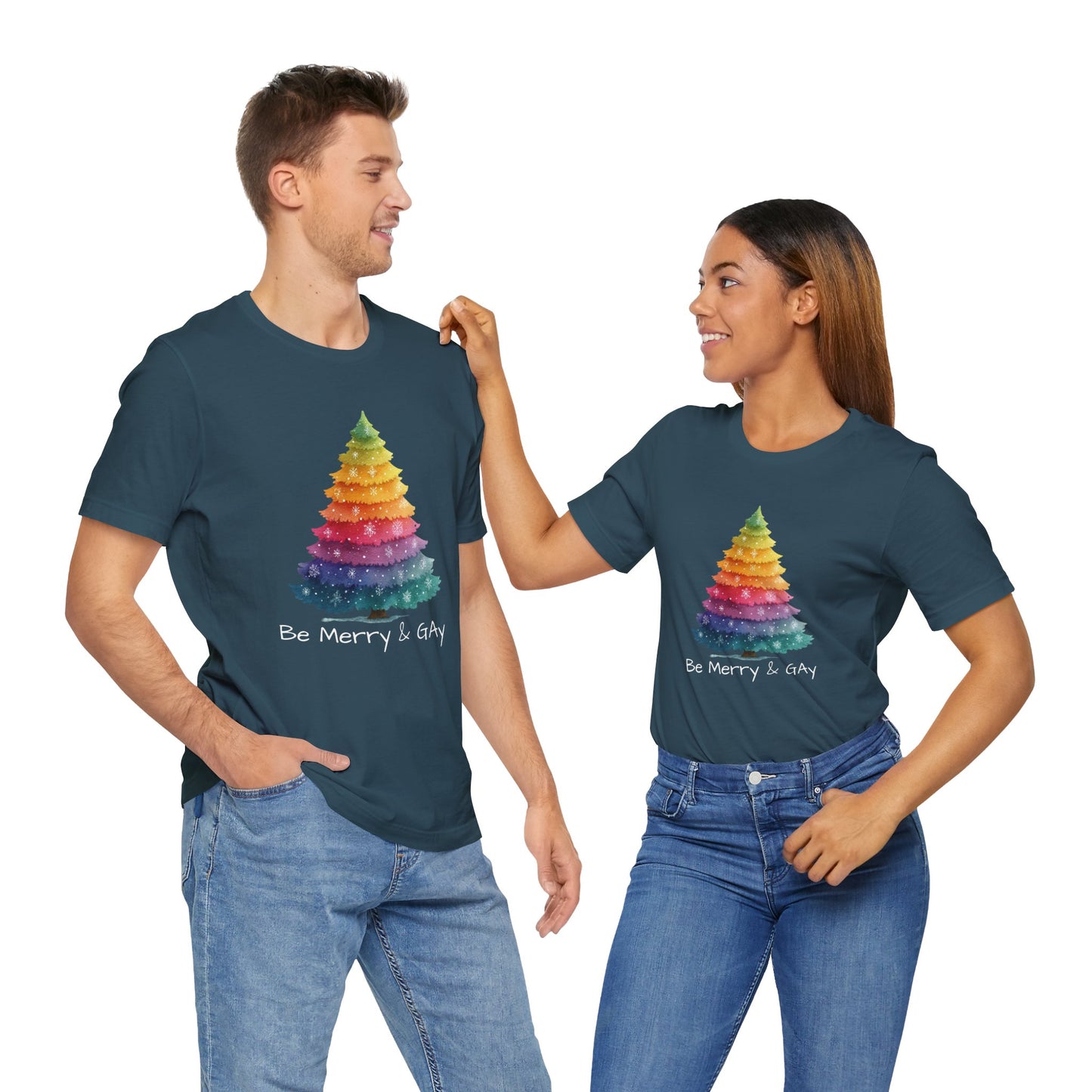 Festive LGBTQ+ Short Sleeve Tee, Be Merry & Gay T-Shirt, Pride Apparel, Christmas Gift, Holiday Top, Unisex Graphic Tee.