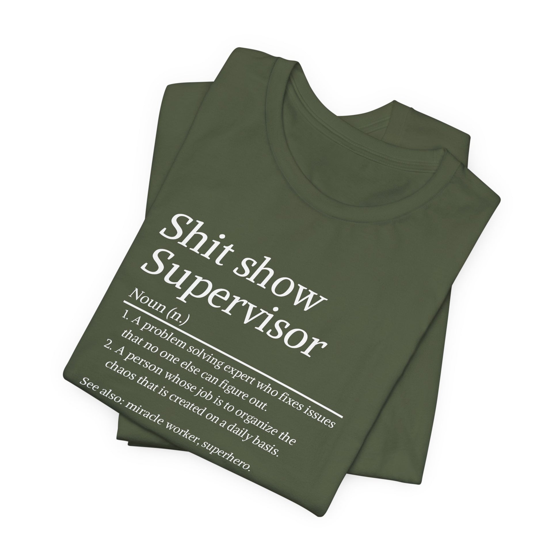 Green t-shirt with text design on a white background