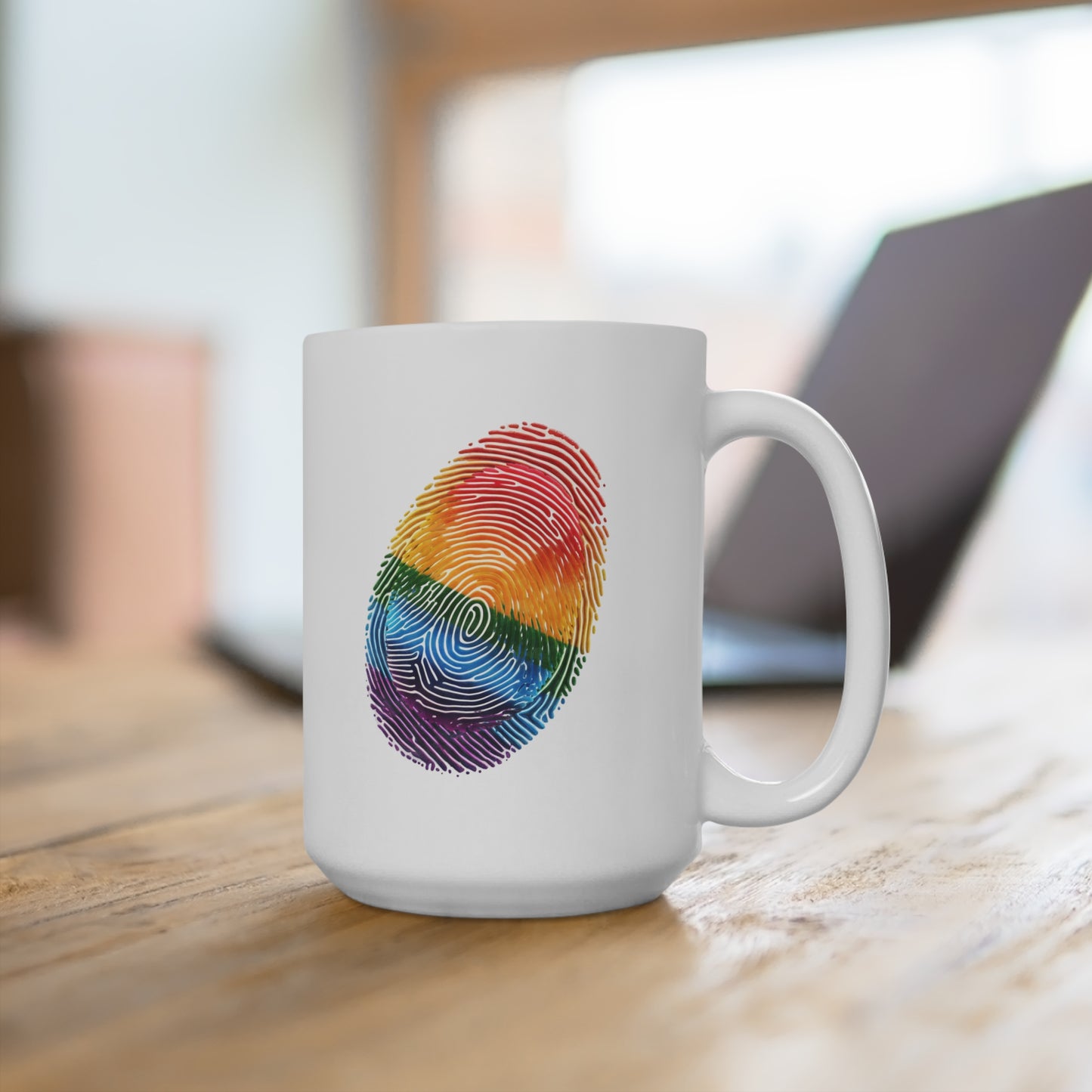Rainbow Fingerprint Ceramic Mug - Vibrant Coffee Cup for LGBTQ+ Pride, Unique Gift, Art Lover's Mug, Colorful Drinkware, Personal Touch