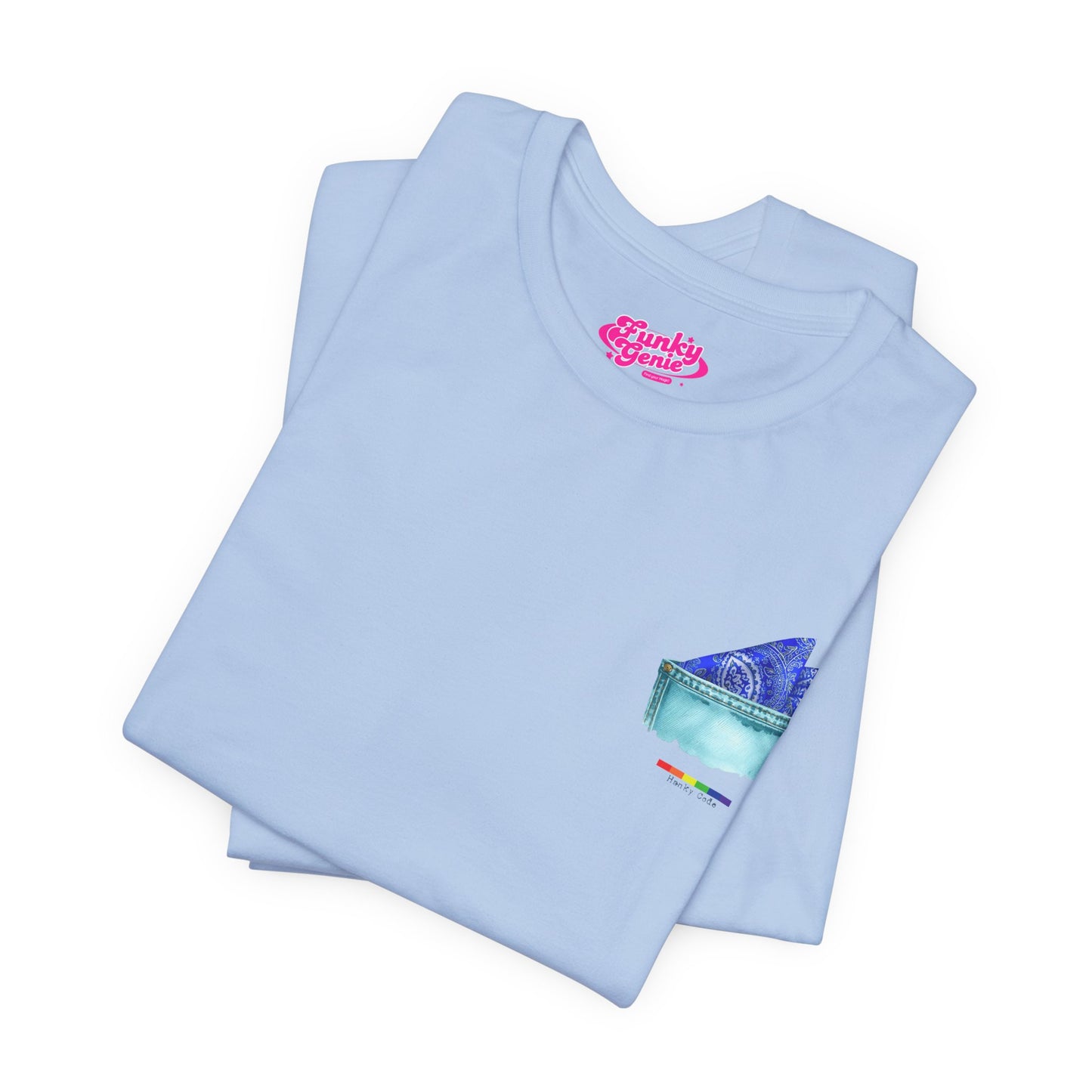 Baby Blue t-shirt with a small graphic of a pocket with a paisley print hanky tucked inside. it features the LGBT rainbow colours and the words Hanky Codee