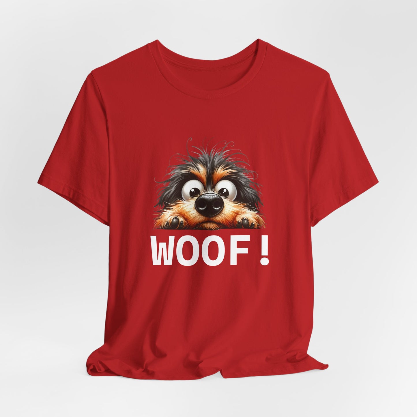 Red t-shirt with a dog graphic and 'WOOF!' text on a white background
