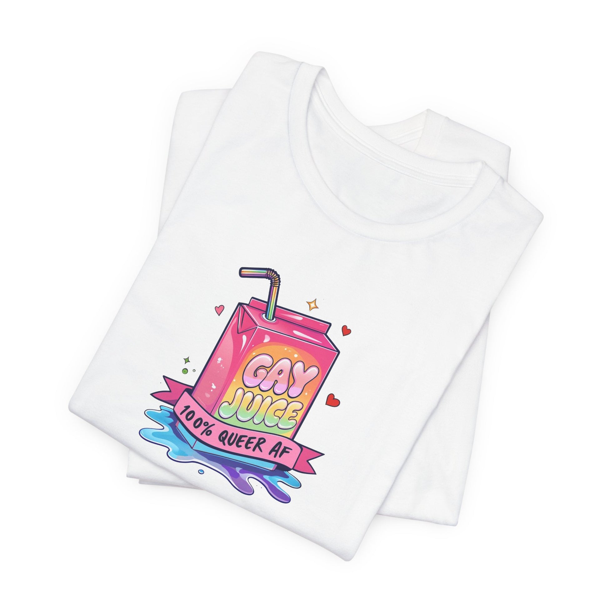 White t-shirt with colorful graphic design on a white background