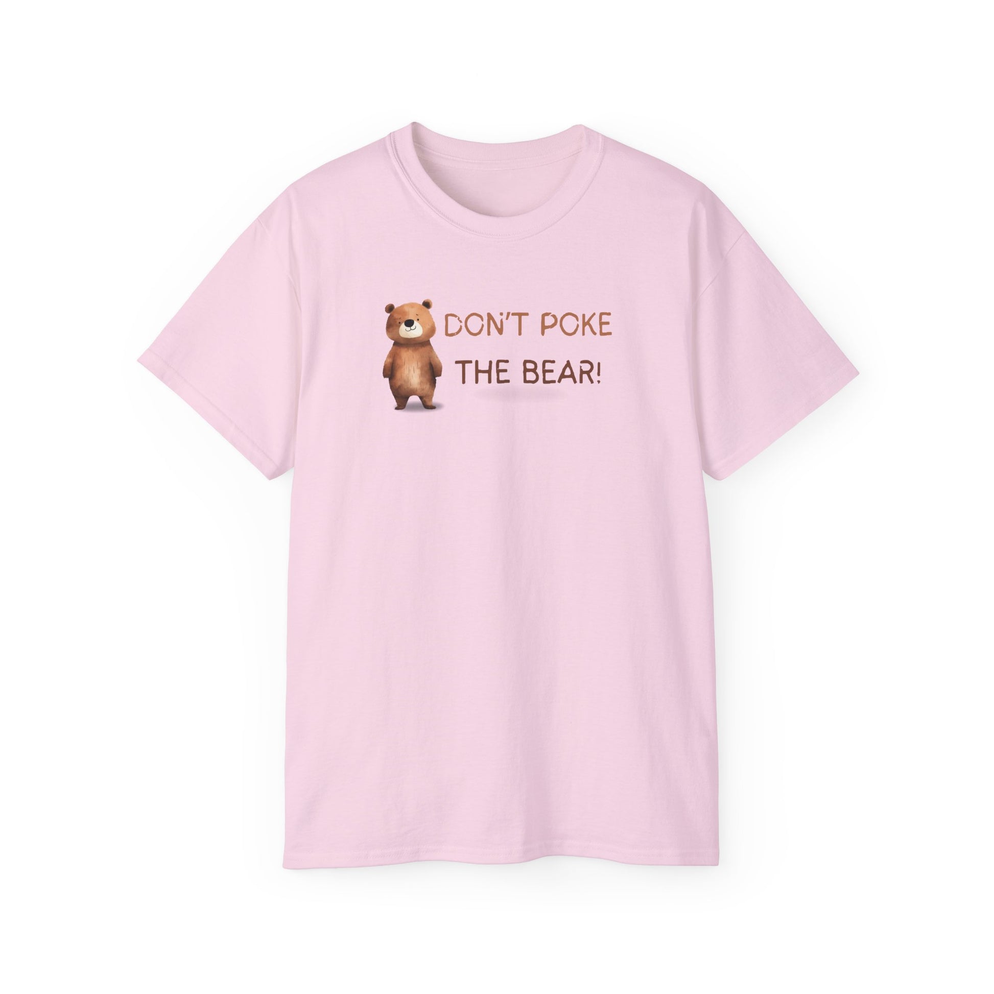 Pink t-shirt with a bear graphic and text 'DON'T POKE THE BEAR!' on a white background