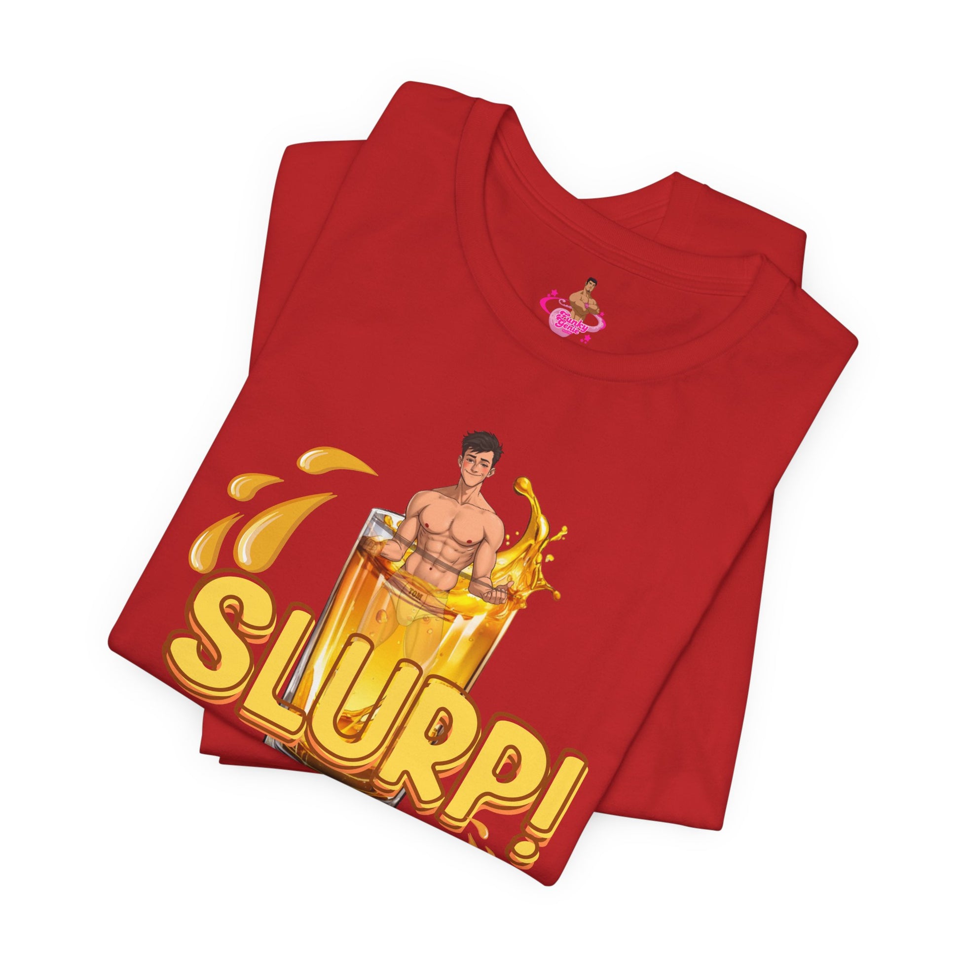 Red t-shirt with a graphic design of a person inside  a glass of yellow liquid with 'SLURP!' text on a. Watersports, piss play, Kink, LGBTQIA+