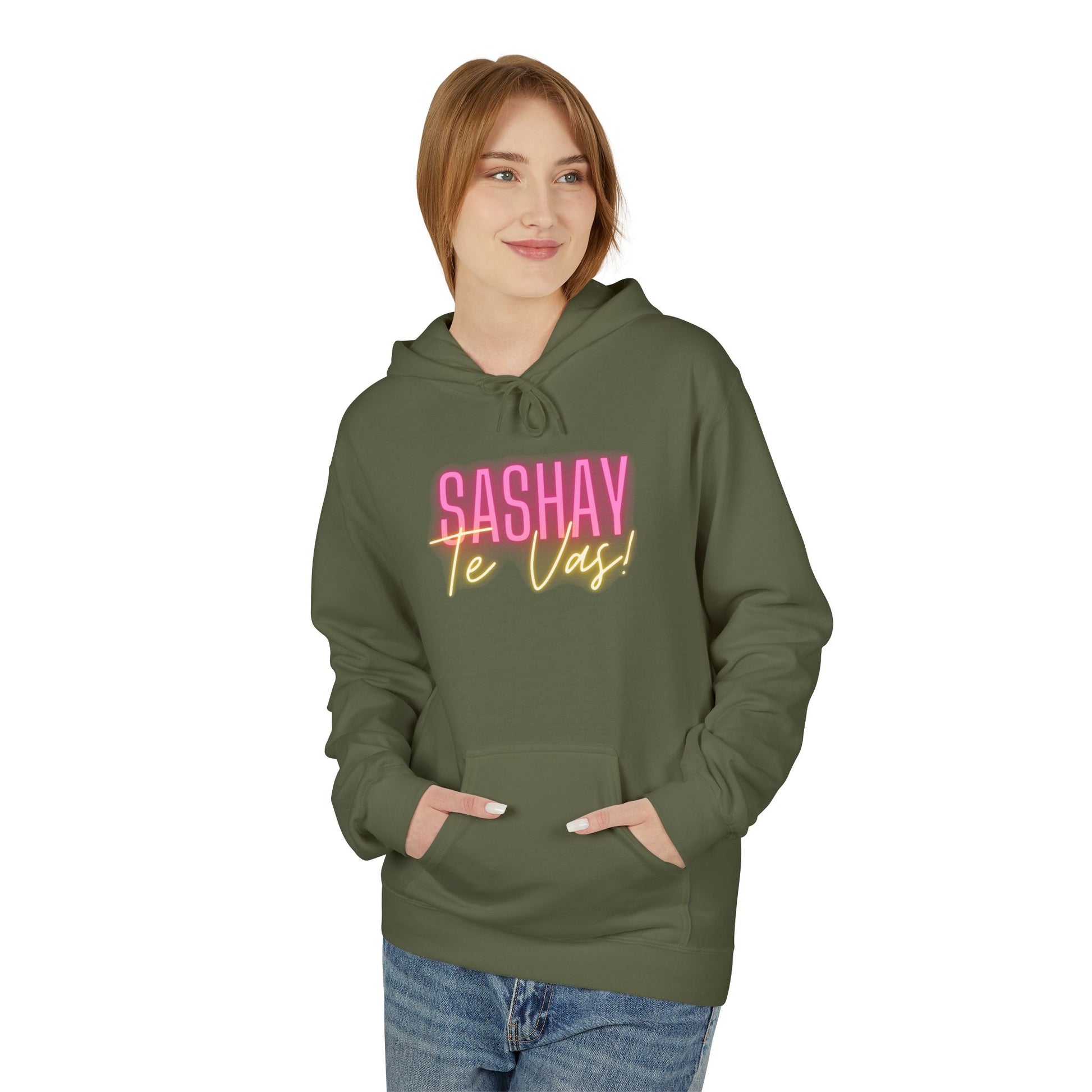 Person wearing a green hoodie with pink and yellow text on a white background