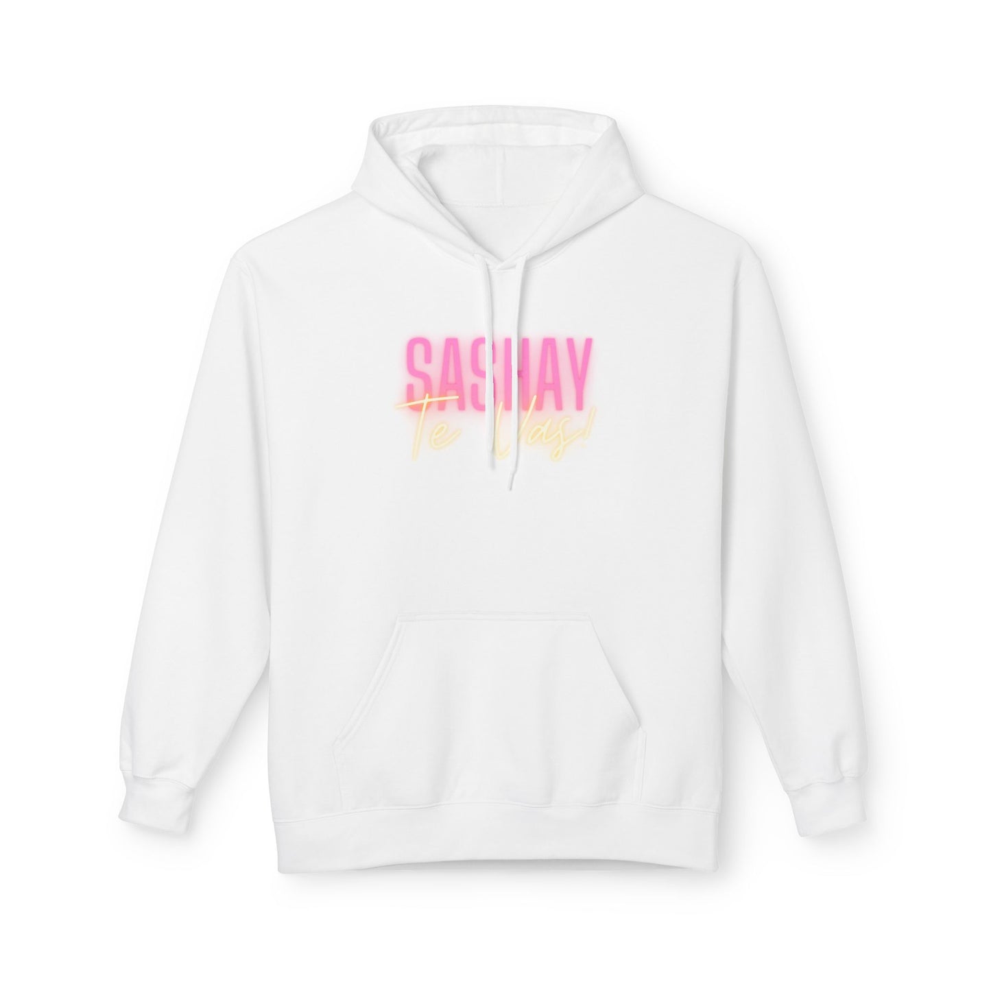 White hoodie with 'SASHAY' text in pink and yellow on a white background  Drag Race Espana, Drag Race Spain, Rupaul's drag race, Drag queens, LGBT, Queer culture