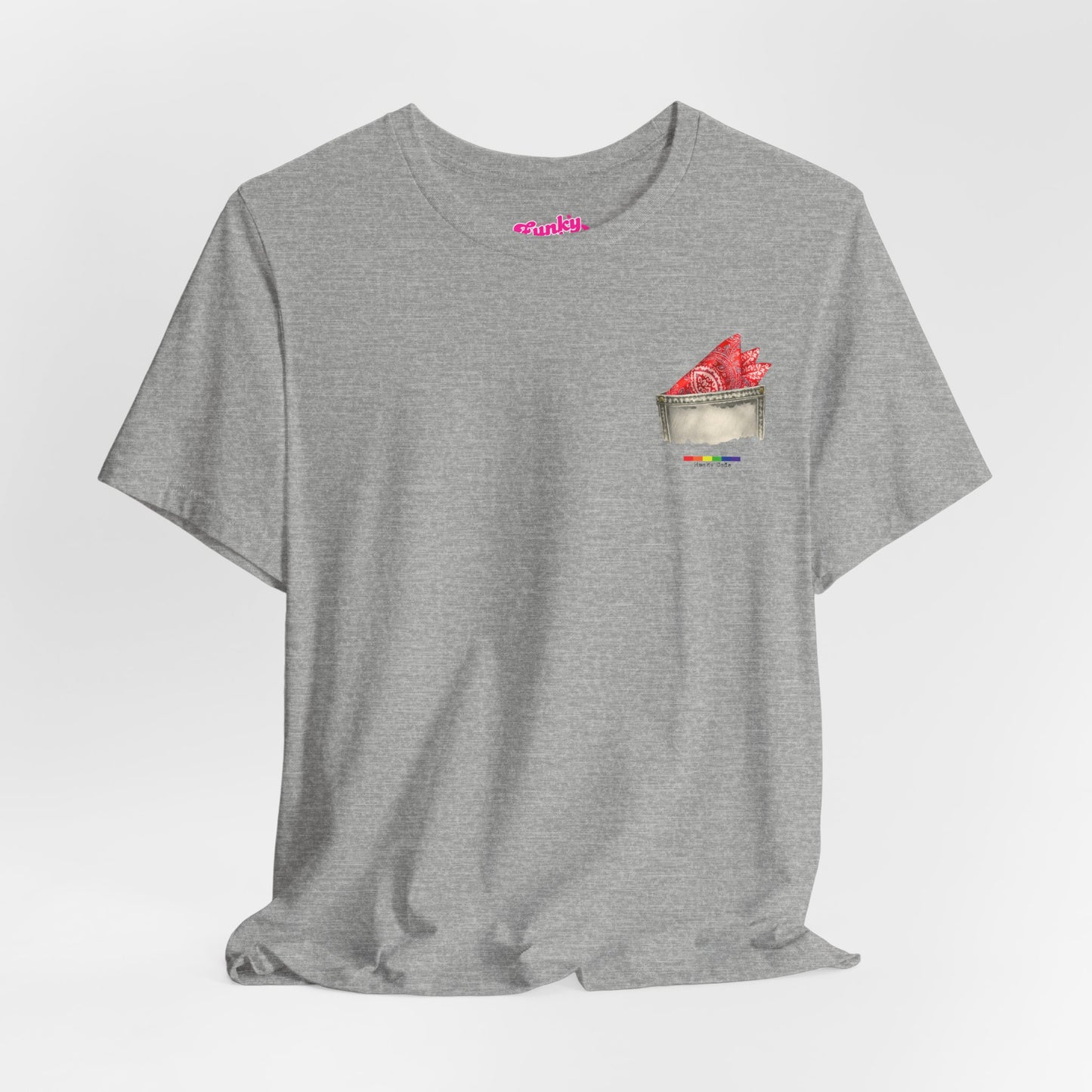 Grey t-shirt with a small graphic of a pocket with a paisley print hanky tucked inside. it features the LGBT rainbow colours and the words Hanky Code