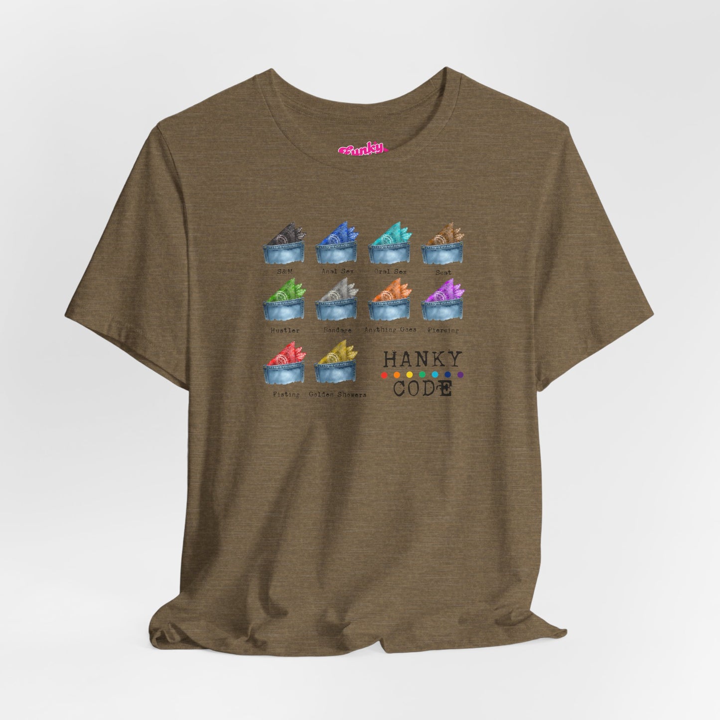 Olive green t-shirt with a selection of small graphic images of pockets with a paisley print hankies tucked inside. it features the LGBT rainbow colours and the words Hanky Code