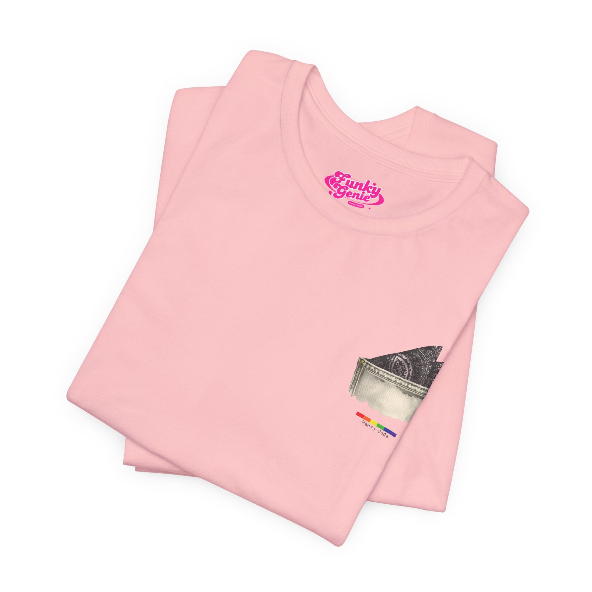 Pink t-shirt with a small graphic of a pocket with a paisley print hanky tucked inside. it features the LGBT rainbow colours and the words Hanky Code