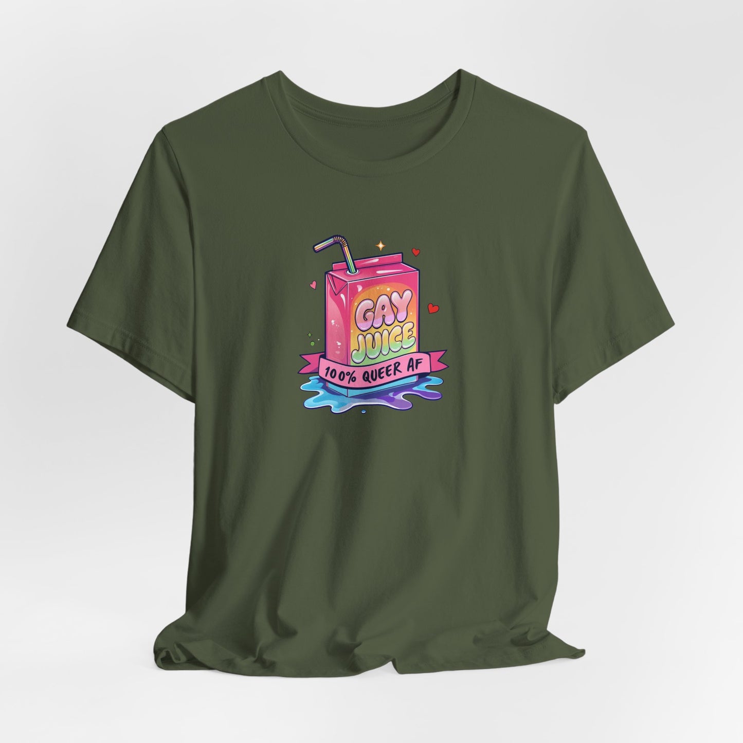 Green t-shirt with a colorful graphic of a juice box labeled 'Gay Juice' on a white background
