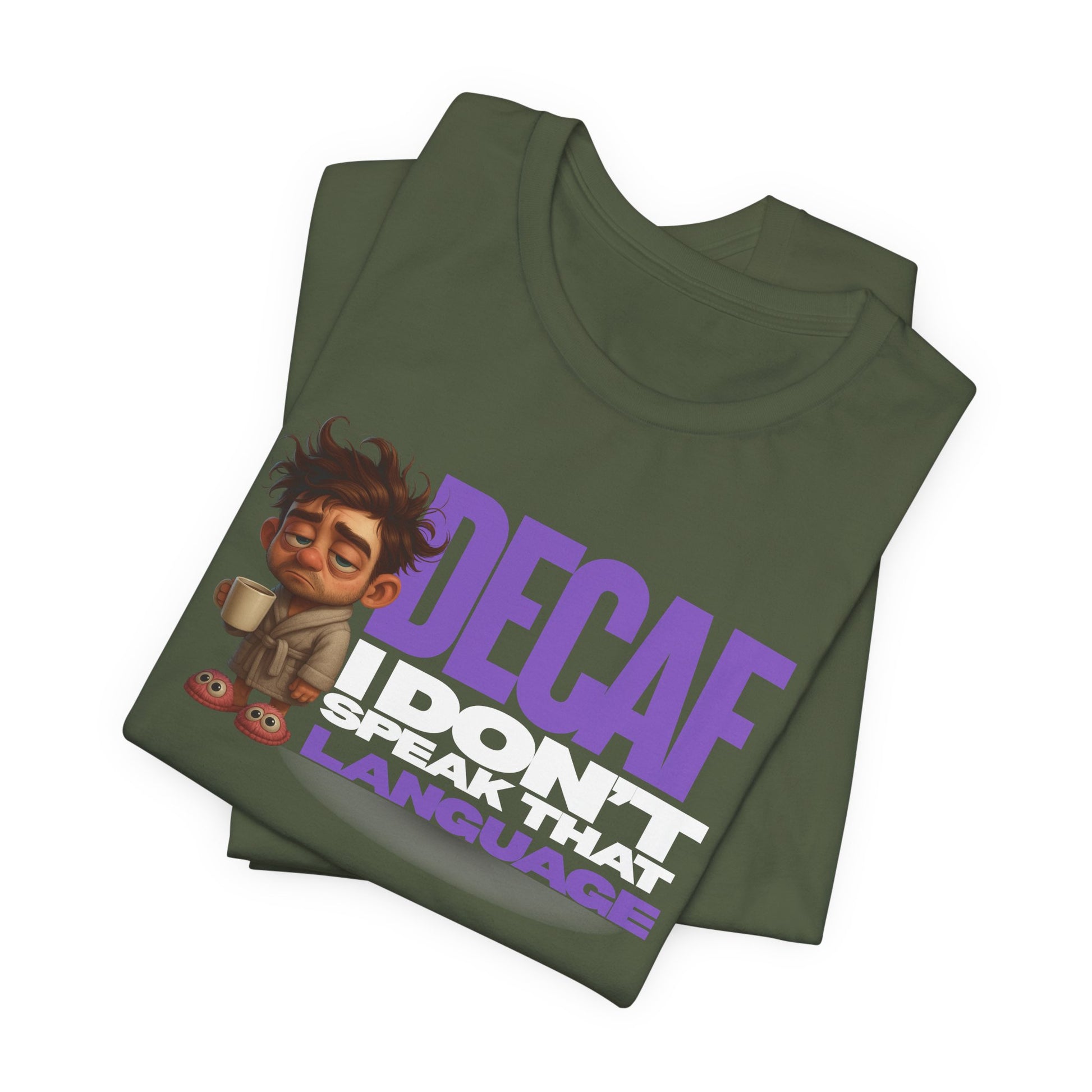 Folded green t-shirt with cartoon character and text on a white background