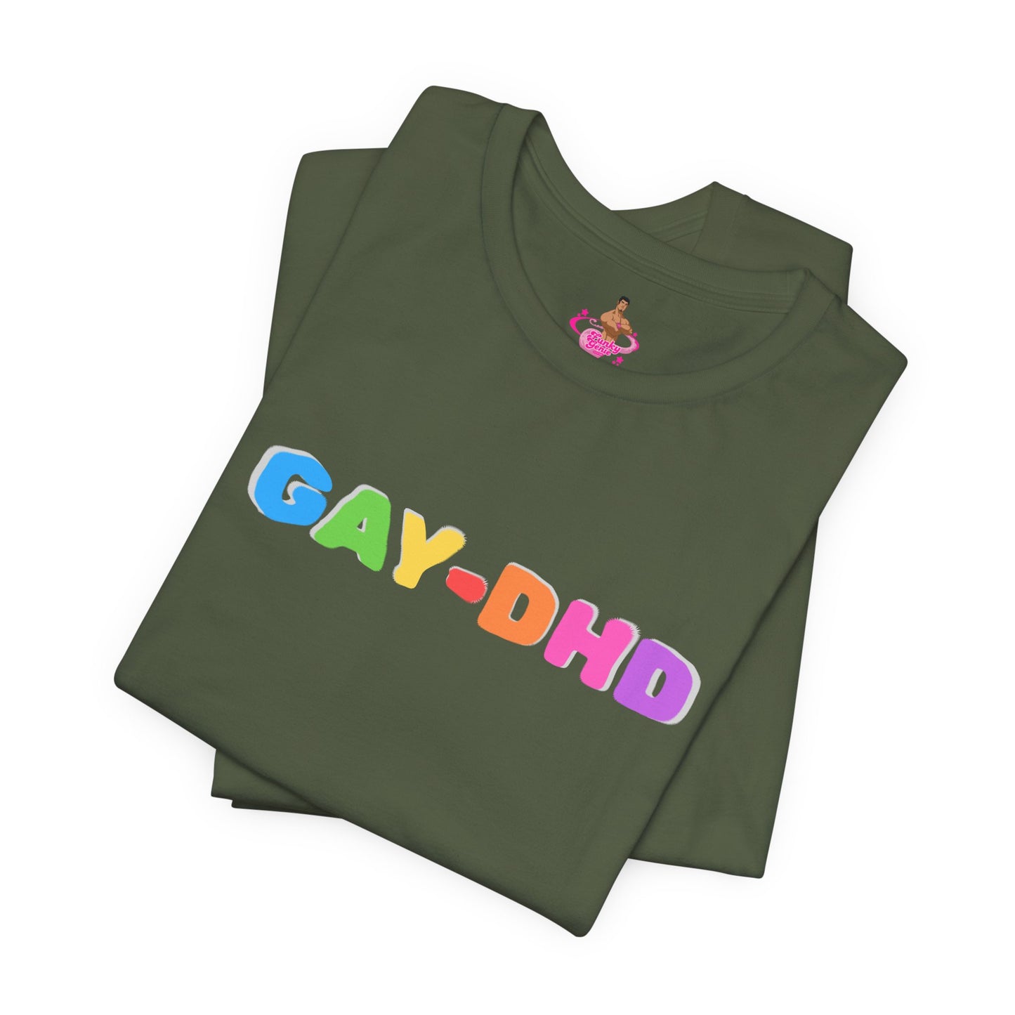 Green t-shirt with colorful 'GAY-DHD' text and small logo on a white background