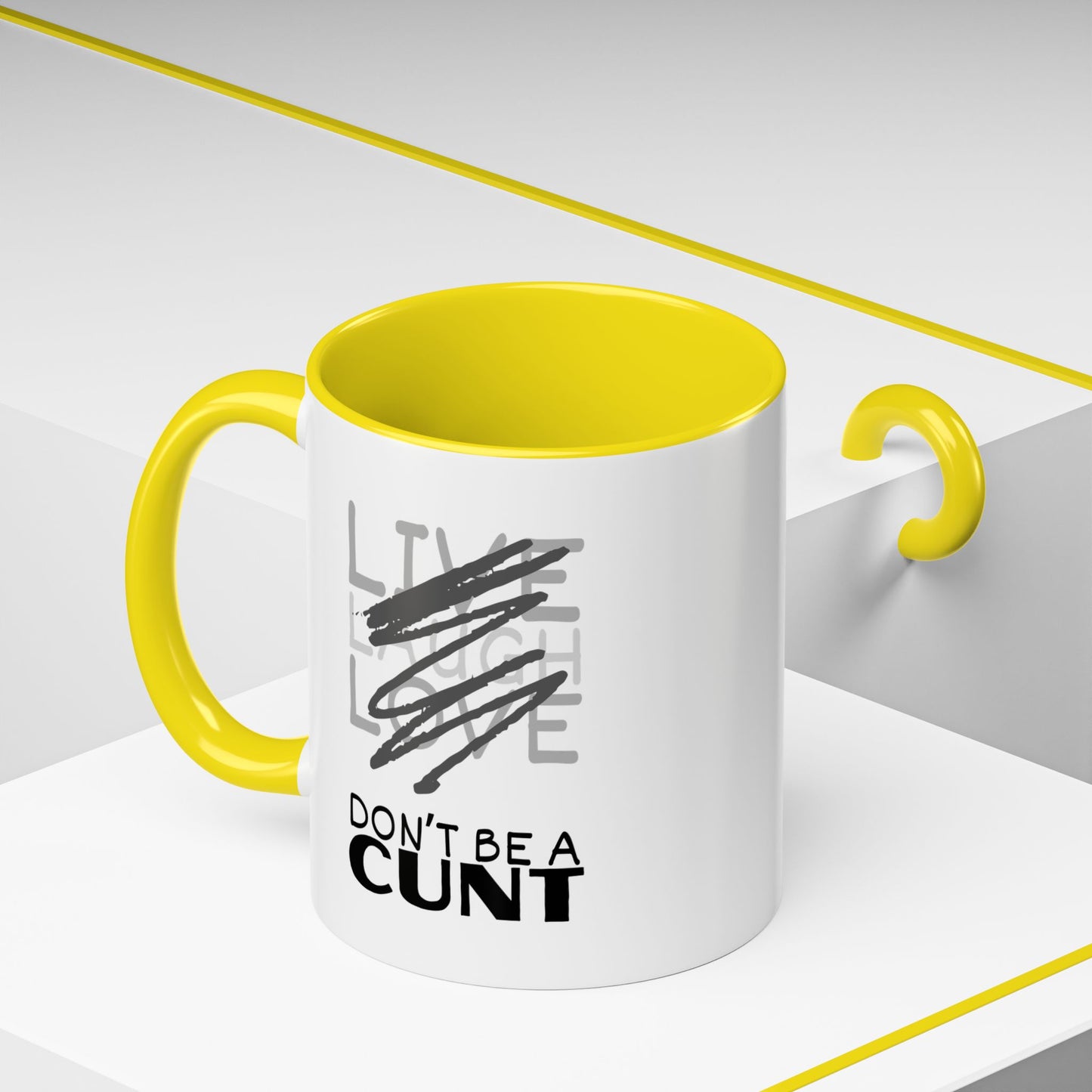 White mug with yellow interior and handle, featuring a graphic and text on a white background.