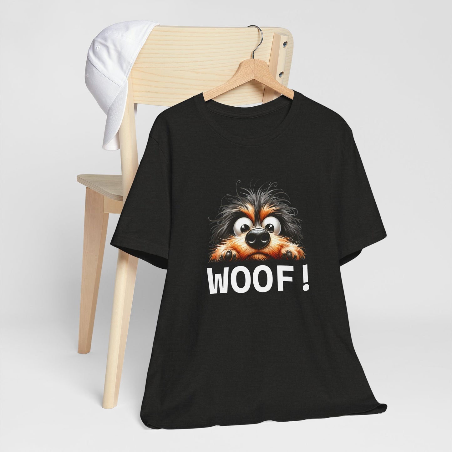 Black t-shirt with a dog graphic and 'WOOF!' text on a white background
