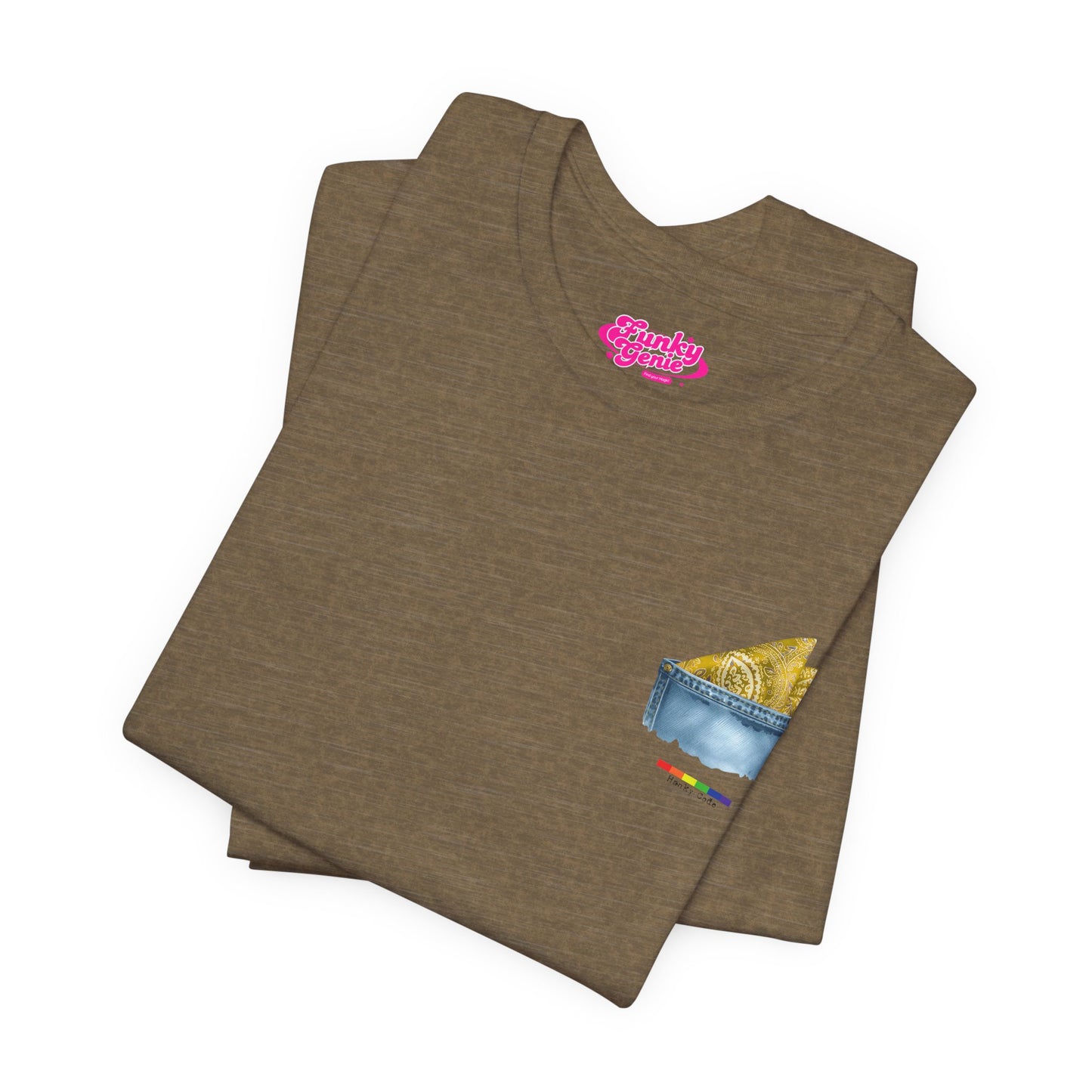 Olive Green t-shirt with a small graphic of a pocket with a paisley print hanky tucked inside. it features the LGBT rainbow colours and the words Hanky Code