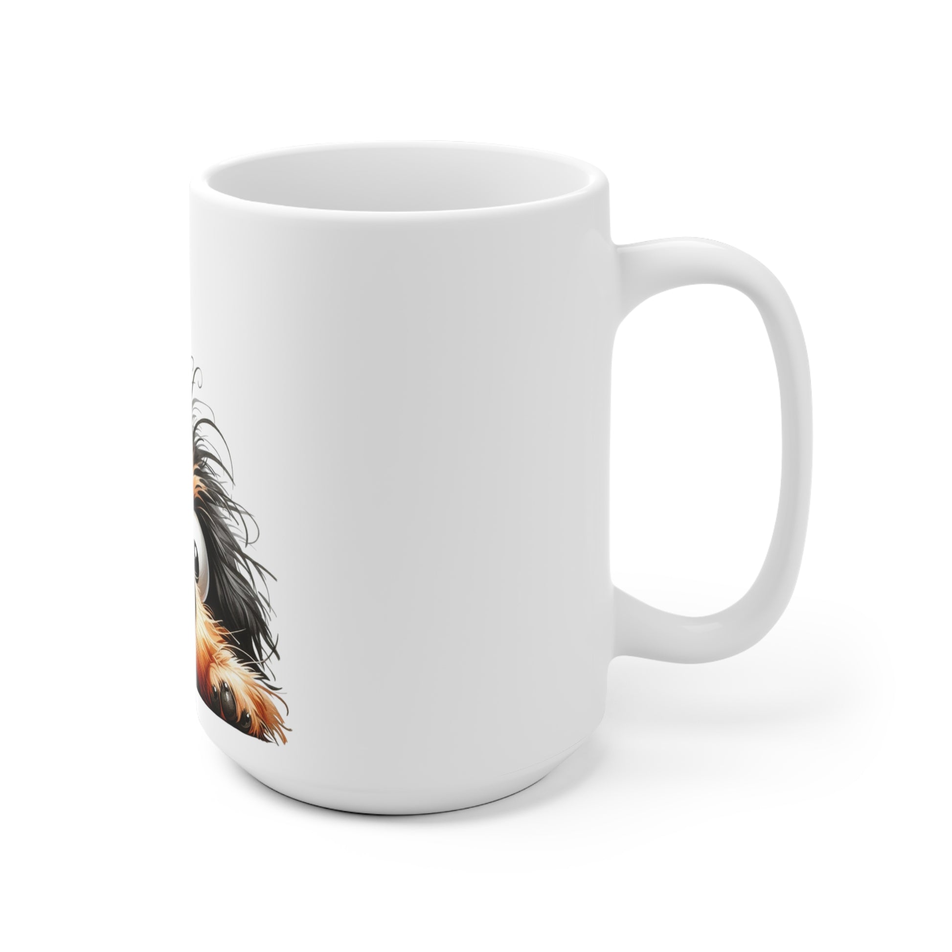 White mug with a dog illustration on a white background
