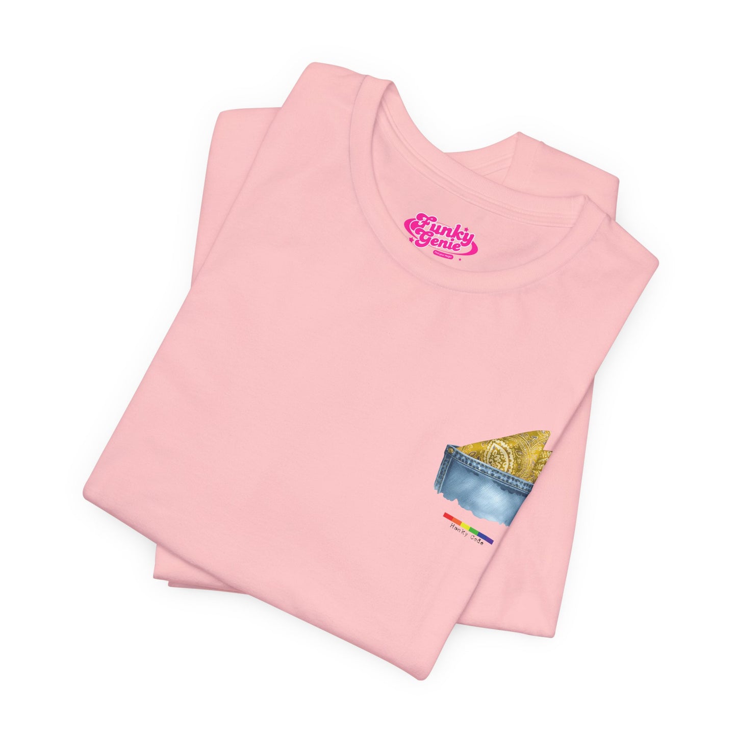 Pink t-shirt with a small graphic of a pocket with a paisley print hanky tucked inside. it features the LGBT rainbow colours and the words Hanky Code