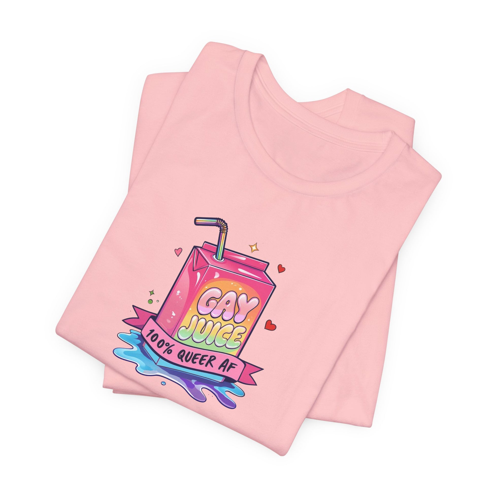 Pink t-shirt with 'Gay Juice' graphic design on a white background