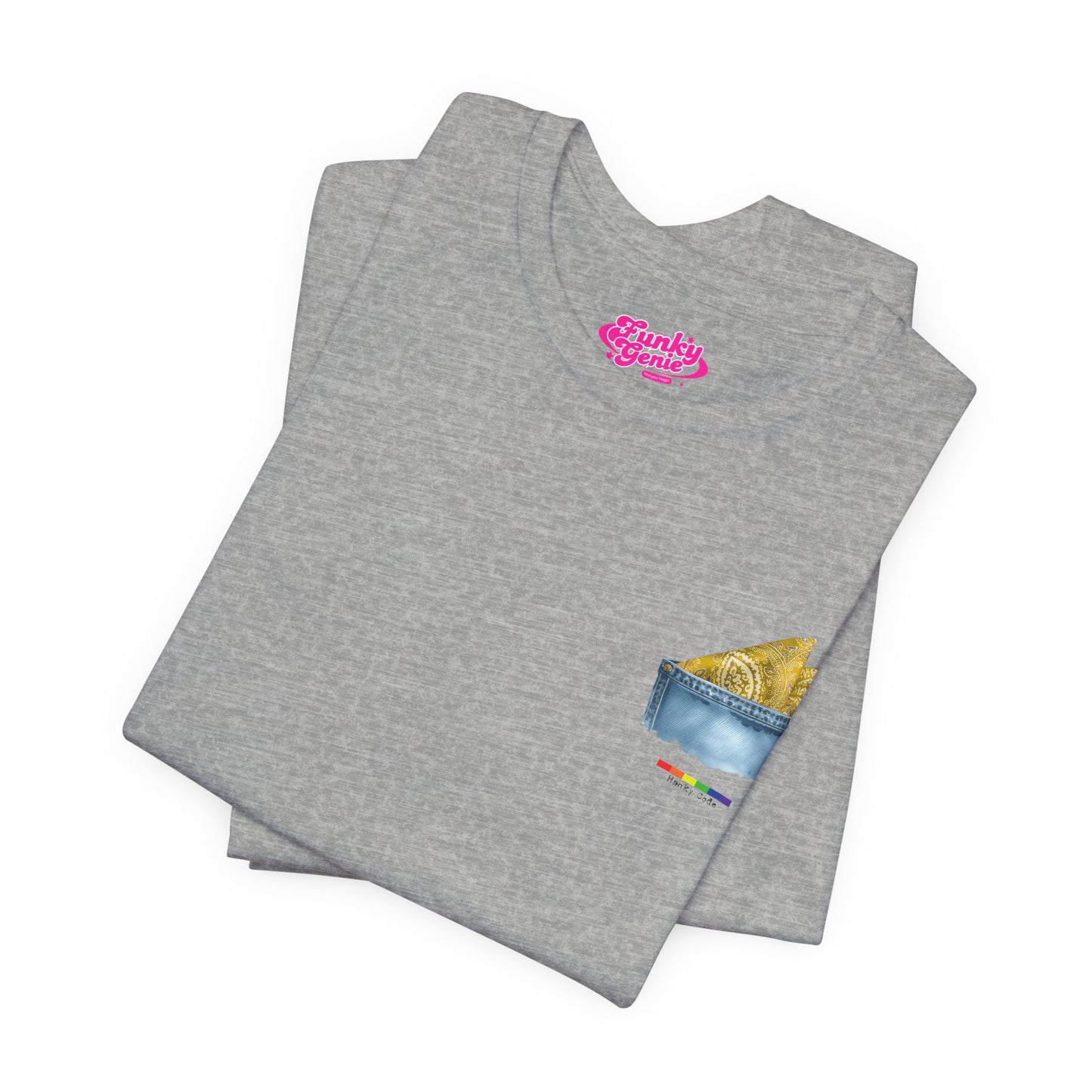 Grey t-shirt with a small graphic of a pocket with a paisley print hanky tucked inside. it features the LGBT rainbow colours and the words Hanky Code