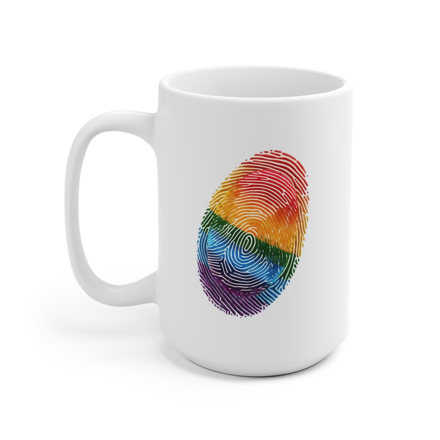 Rainbow Fingerprint Ceramic Mug - Vibrant Coffee Cup for LGBTQ+ Pride, Unique Gift, Art Lover's Mug, Colorful Drinkware, Personal Touch