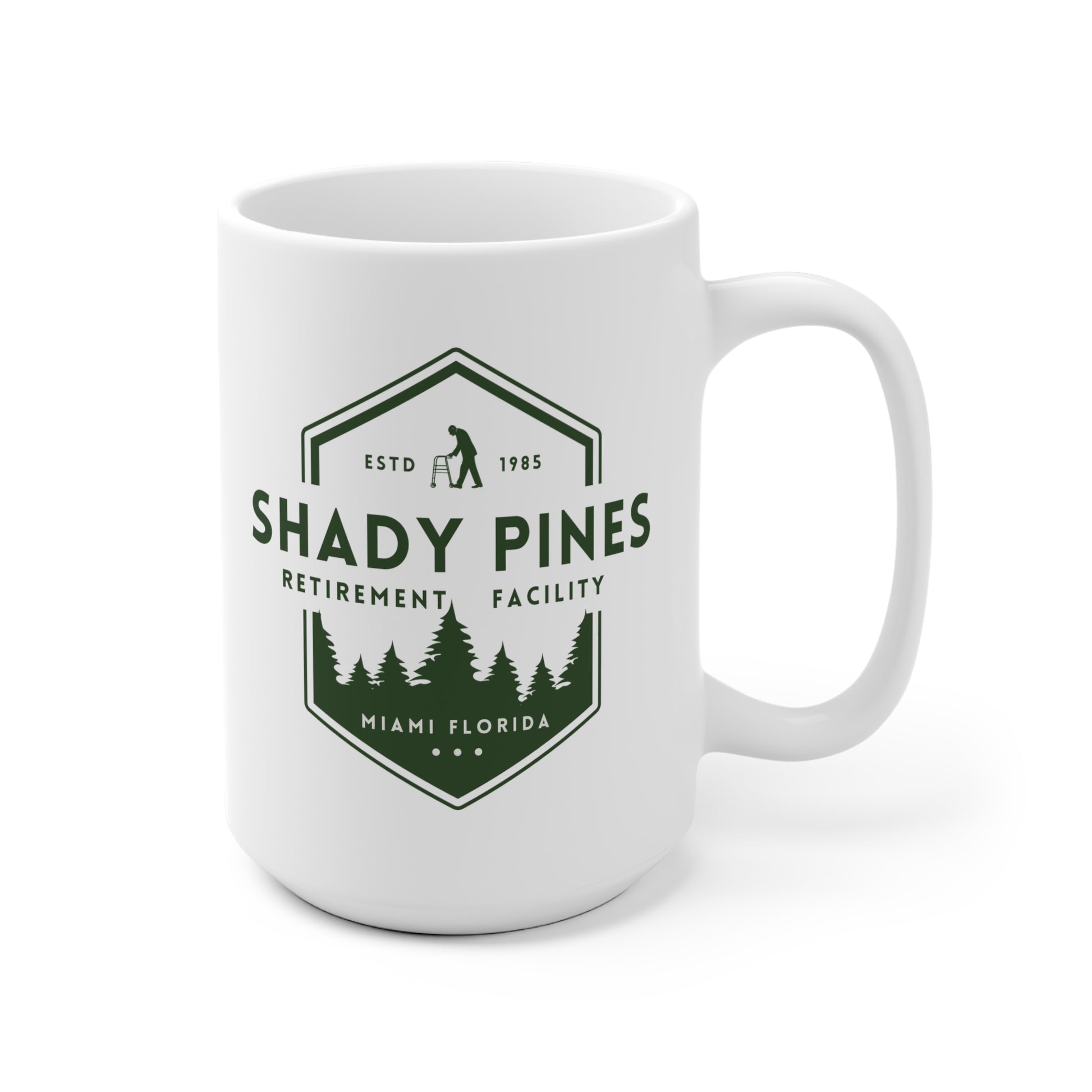 White mug with 'Shady Pines Retirement Facility' logo on a white background
