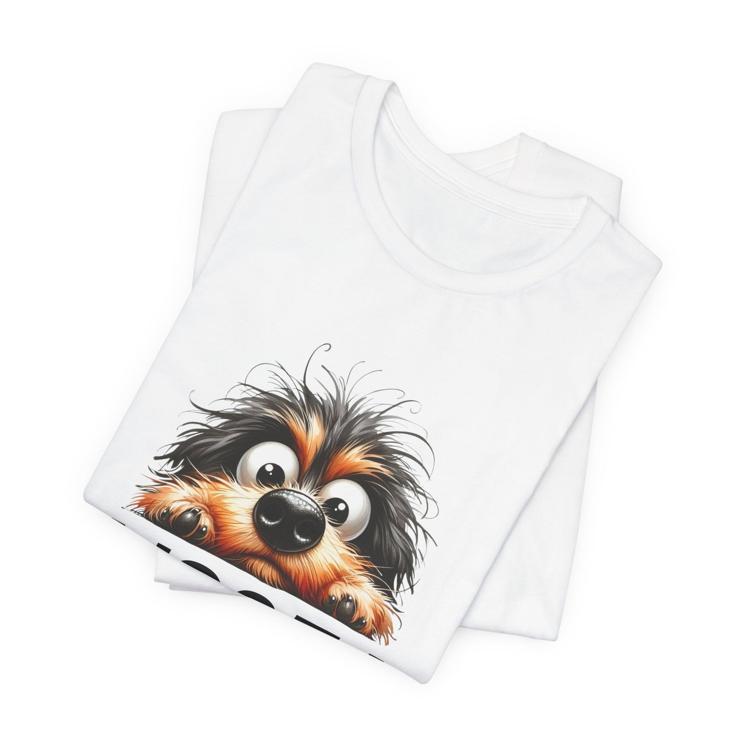 White tank top with a cartoon dog design on a white background