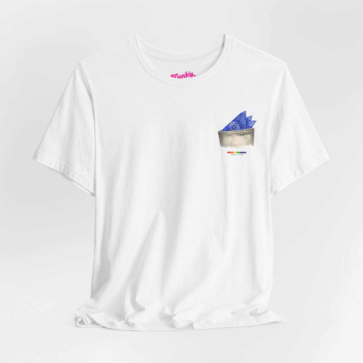 White t-shirt with a small graphic of a pocket with a paisley print hanky tucked inside. it features the LGBT rainbow colours and the words Hanky Code