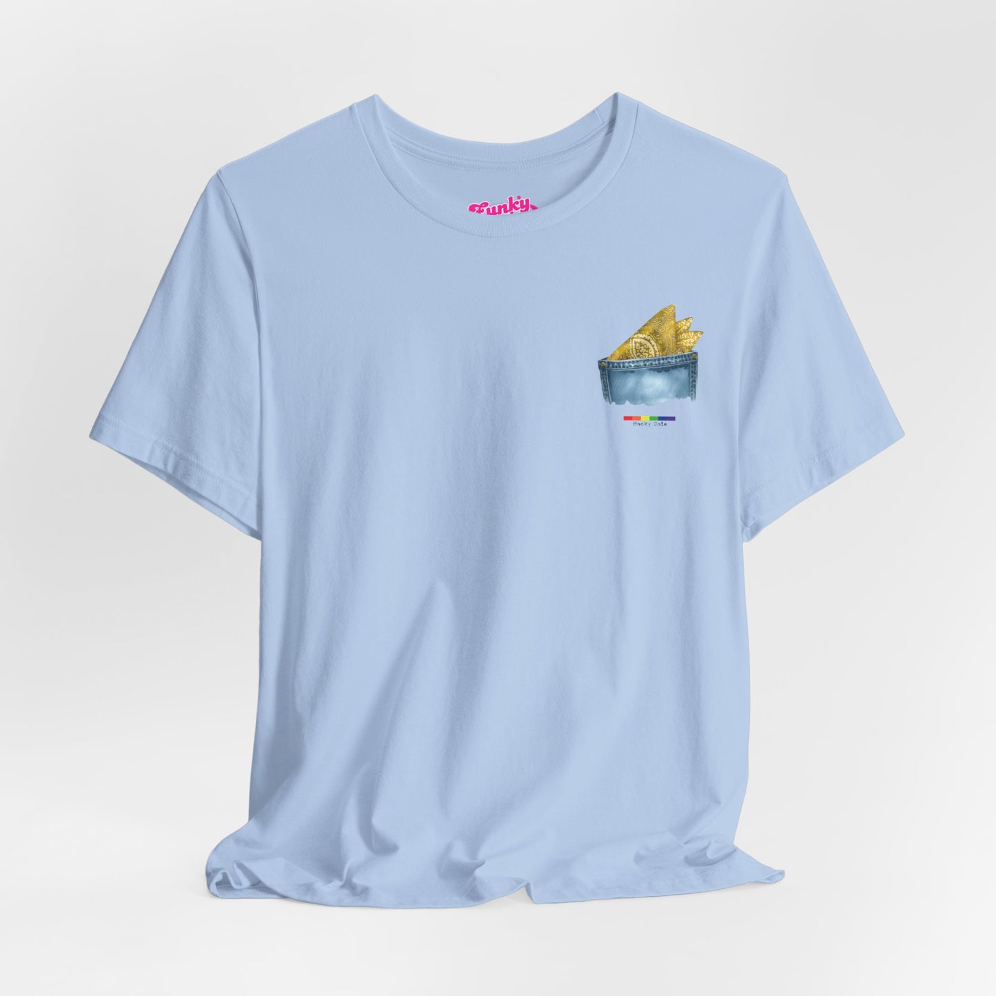 Baby Blue t-shirt with a small graphic of a pocket with a paisley print hanky tucked inside. it features the LGBT rainbow colours and the words Hanky Code