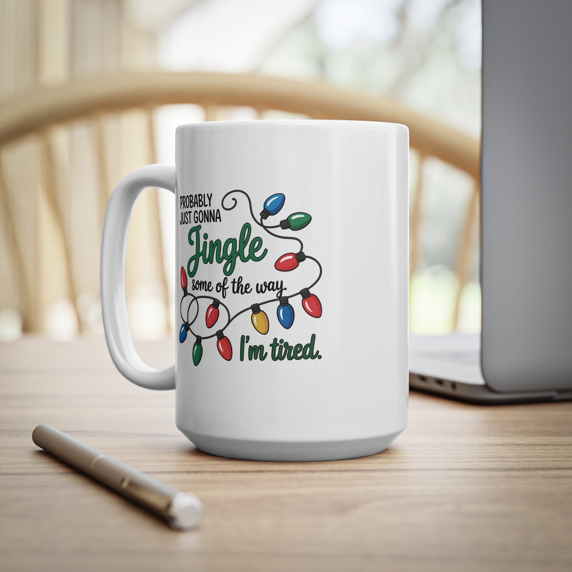 White mug with Christmas lights and text design on a white background Festive Ceramic Coffee Cups for Holiday Moods, Perfect for Christmas, Gift, Decor, Coffee Lovers