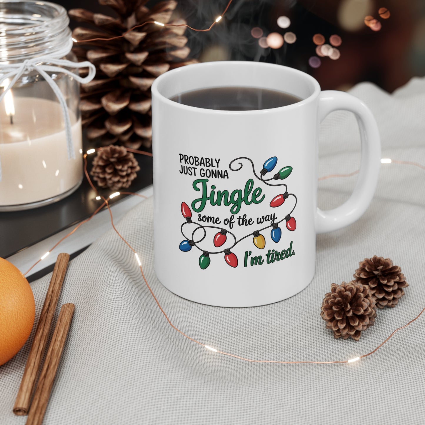 White mug with Christmas lights and text design on a white background Festive Ceramic Coffee Cups for Holiday Moods, Perfect for Christmas, Gift, Decor, Coffee Lovers