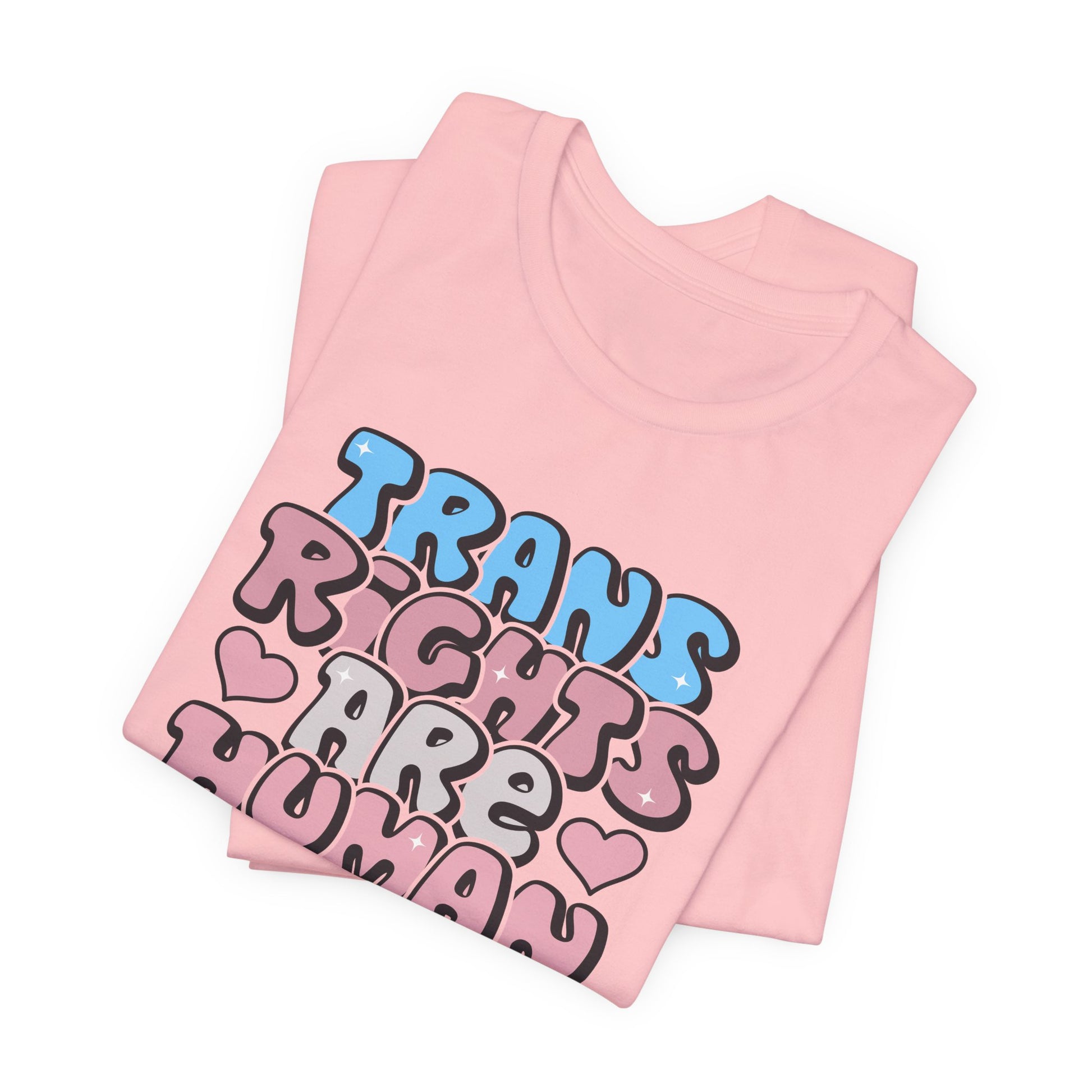 Pink t-shirt with 'Trans Rights Are Human' text on a white background LGBTQIA+, Queer, Trans rights