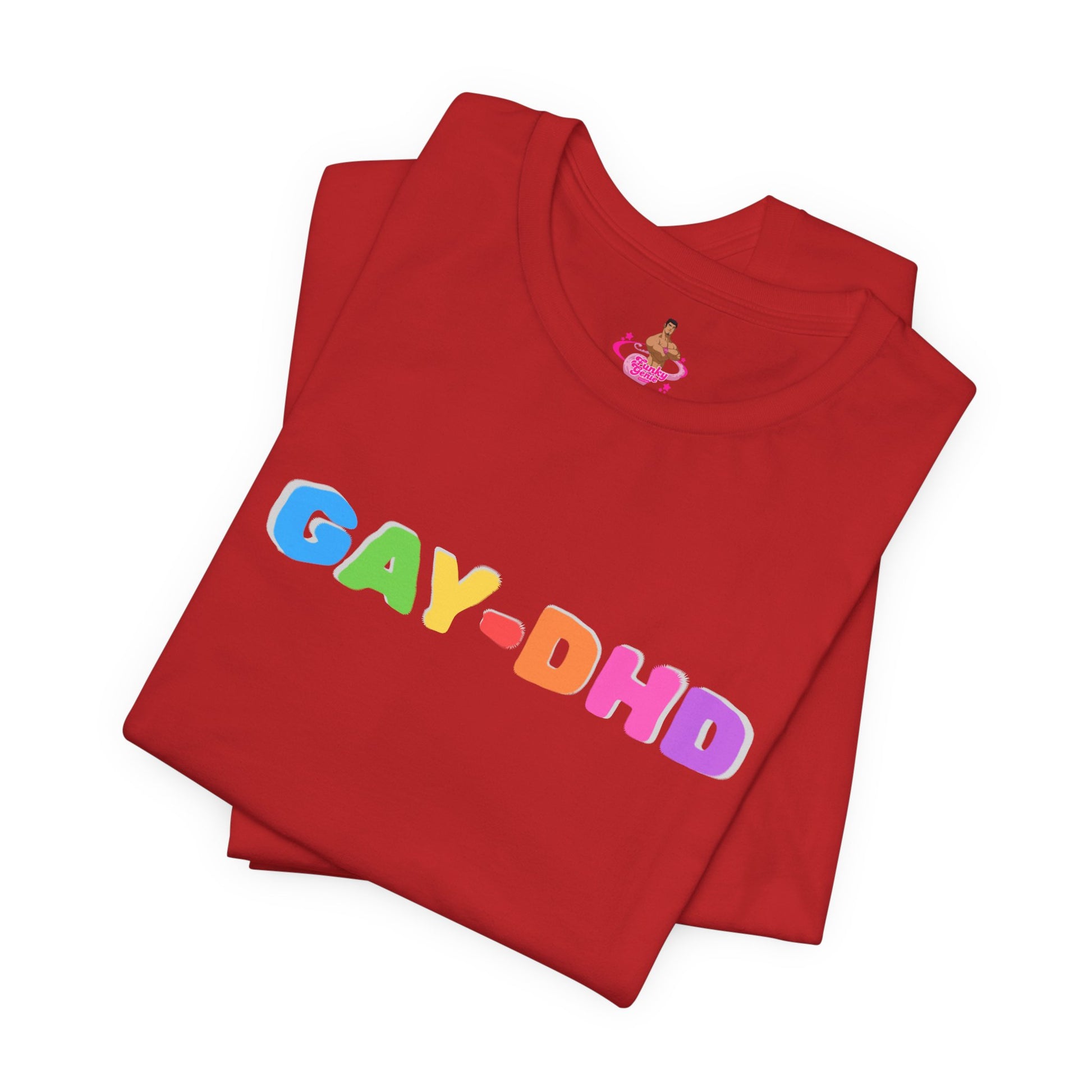 Red t-shirt with colorful 'GAY-DHD' text on a white background