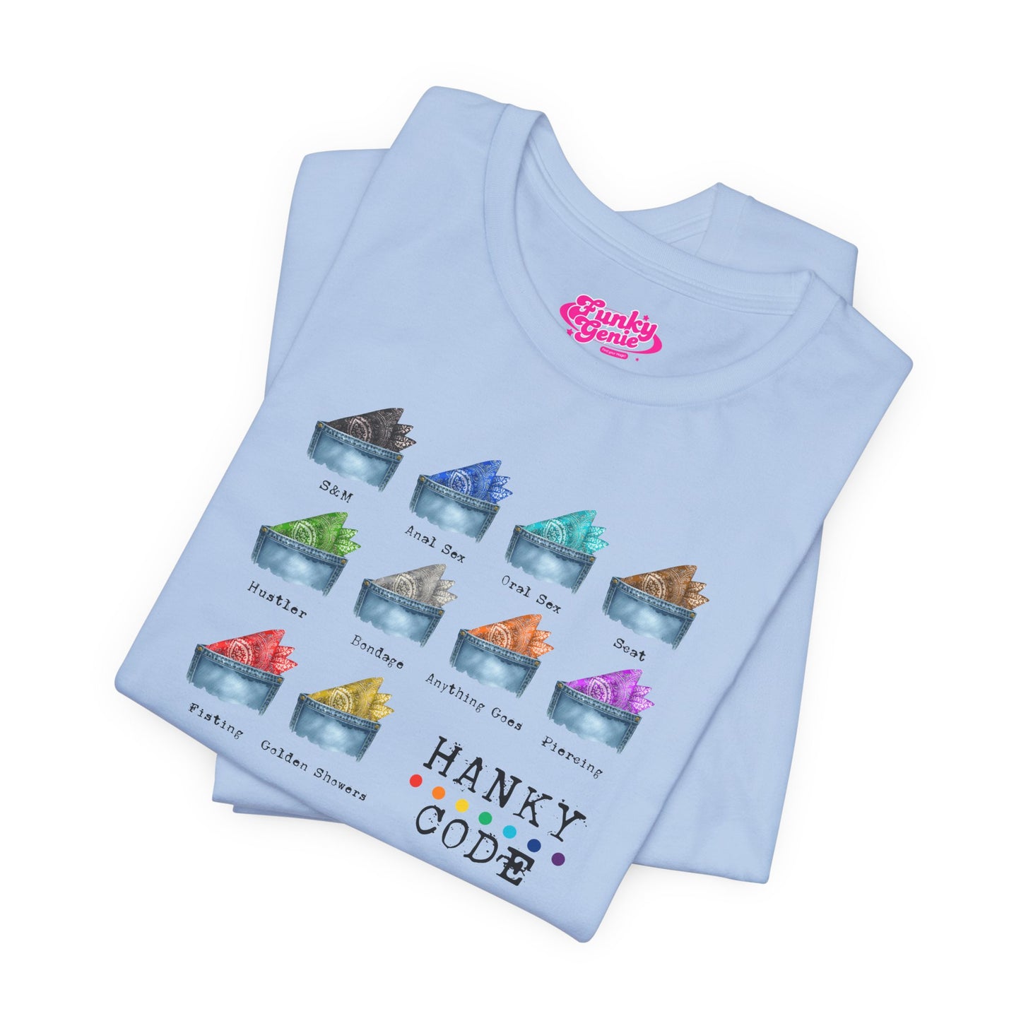 Baby Blue t-shirt with a selection of small graphic images of pockets with a paisley print hankies tucked inside. it features the LGBT rainbow colours and the words Hanky Code