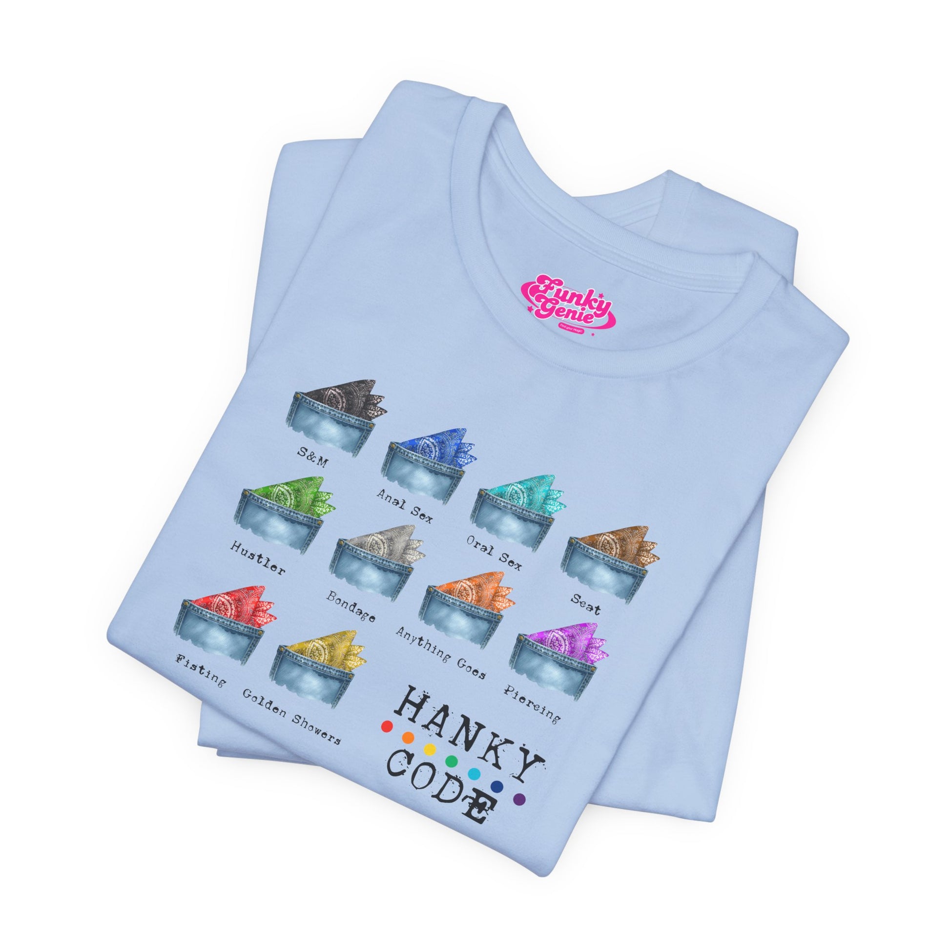 Baby Blue t-shirt with a selection of small graphic images of pockets with a paisley print hankies tucked inside. it features the LGBT rainbow colours and the words Hanky Code