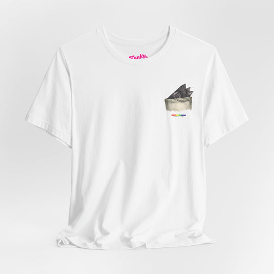 White t-shirt with a small graphic of a pocket with a paisley print hanky tucked inside. it features the LGBT rainbow colours and the words Hanky Code