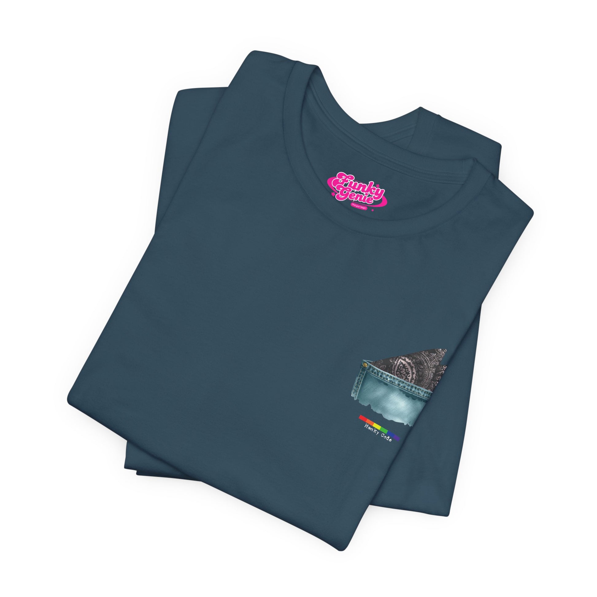 Deep Teal t-shirt with a small graphic of a pocket with a paisley print hanky tucked inside. it features the LGBT rainbow colours and the words Hanky Code